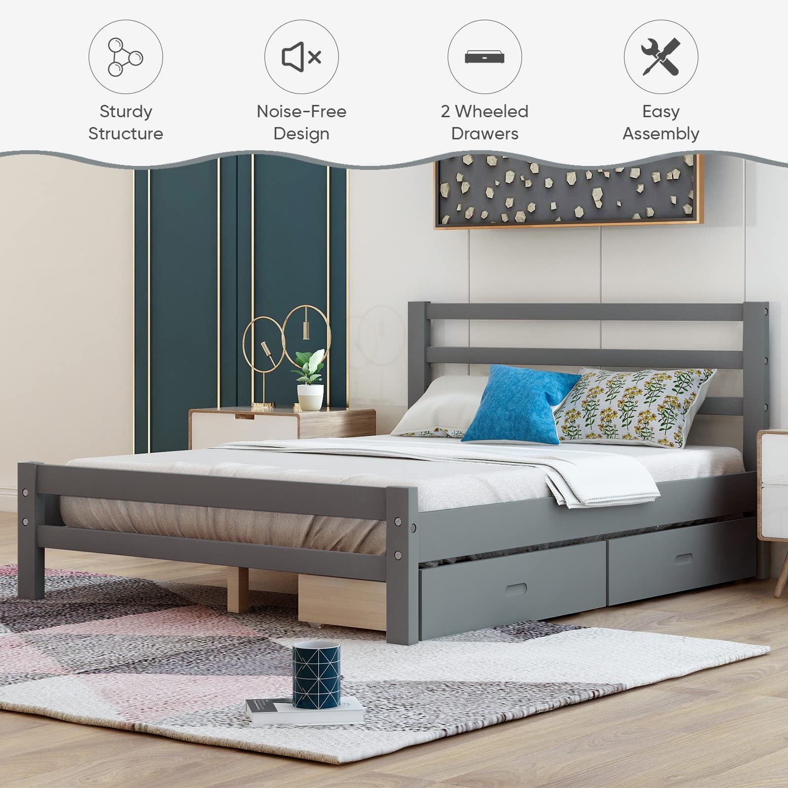 Baysitone Full Size Platform Bed Frame with 2 Storage Drawers & Headboard - 10 Wood Slats Support, 500 lbs Weight Capacity, No Box Spring Needed (Bright Gray) - Perfect for Small Bedrooms, Guest Rooms & Space-Saving Storage Solutions