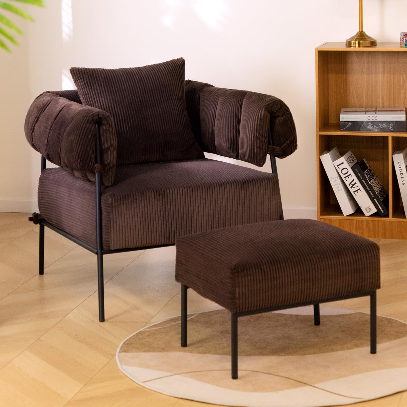 HollyHOME Modern Velvet Accent Chair with Ottoman - Plush Upholstered Reading Armchair & Footstool Set, Large Comfy Lounge Chair for Living Room, Bedroom, Office - Perfect for Relaxing, Reading & Coffee Time