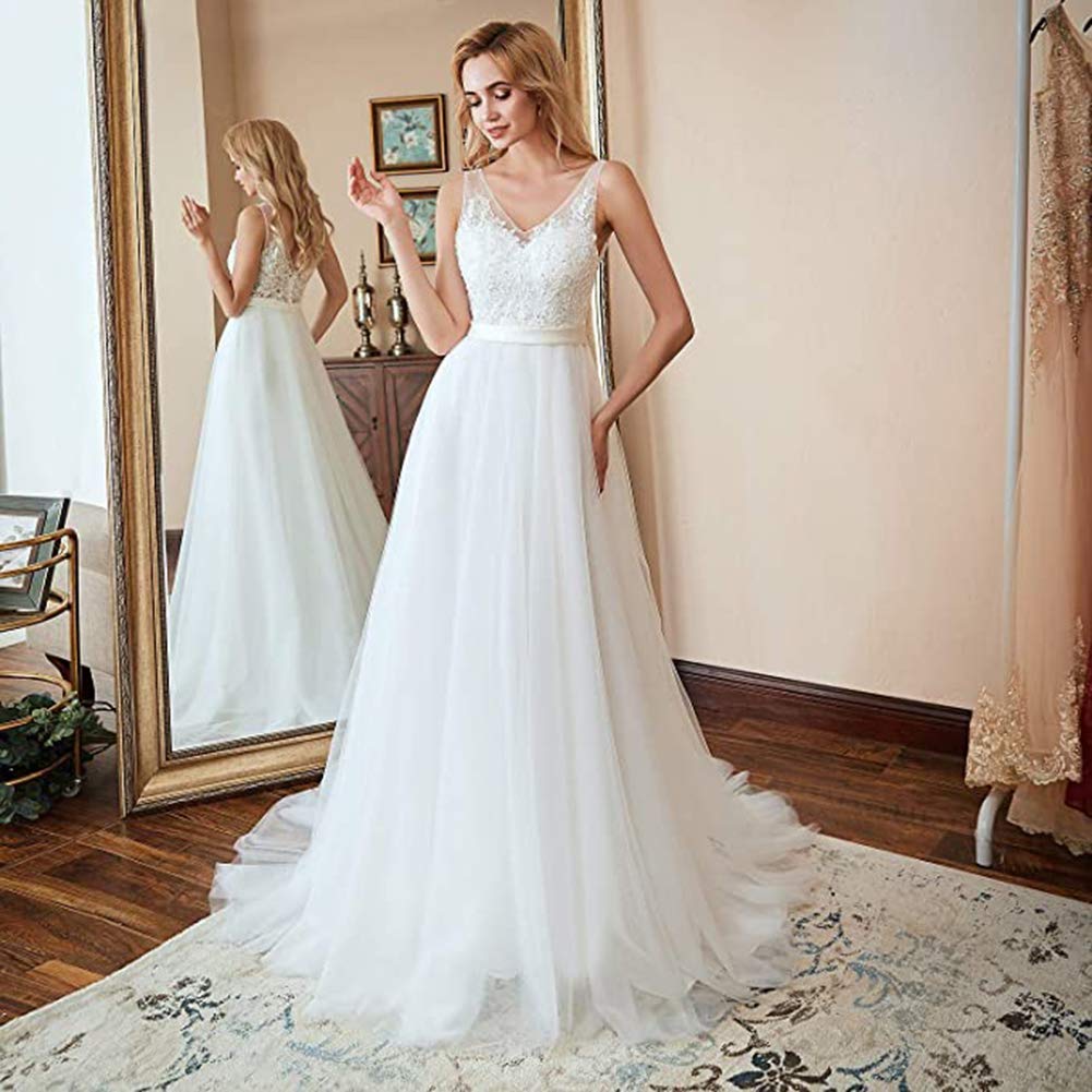 Elegant Women's V-Neck A-Line Lace Tulle Beach Wedding Dress for Bride | Boho Bridal Gown for Beach, Destination, and Outdoor Ceremonies