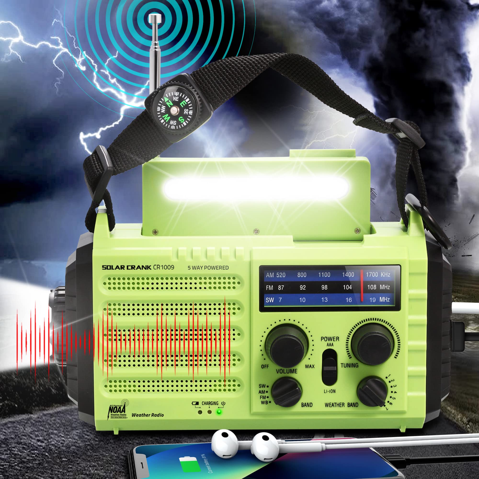 5-Way Powered Emergency Solar Hand Crank AM/FM/SW/NOAA Weather Radio with Flashlight & USB Charger - Green/Orange/Red for Outdoor Camping, Hiking & Disaster Preparedness
