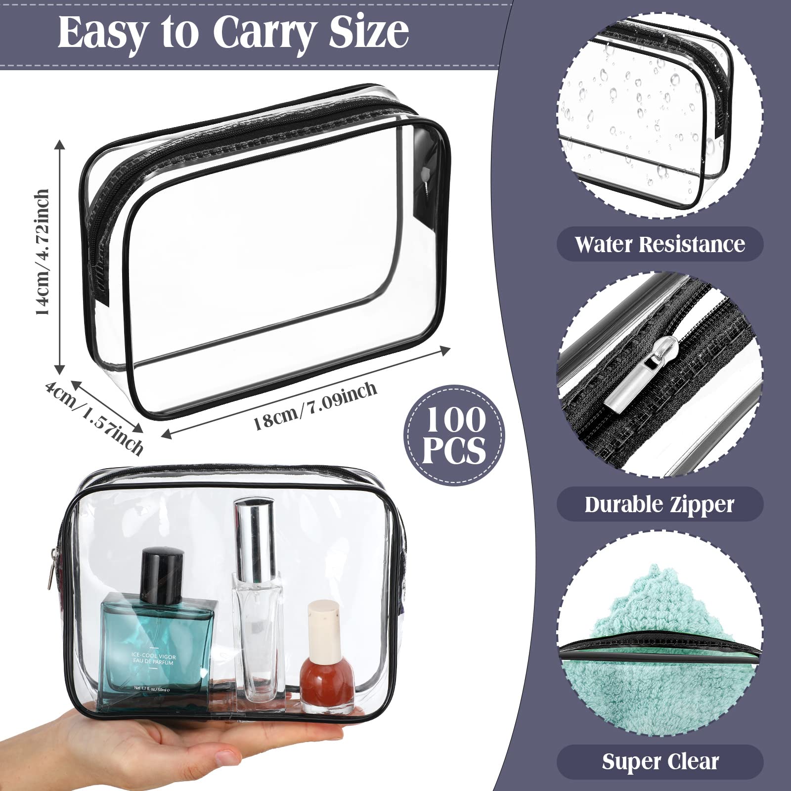 Sanwuta 100-Pack Clear TSA Approved Makeup Bags - Waterproof PVC Travel Toiletry Pouches with Zipper for Men & Women (Black) | Perfect for Air Travel, Gym, Cosmetics Organization & Daily Essentials Storage