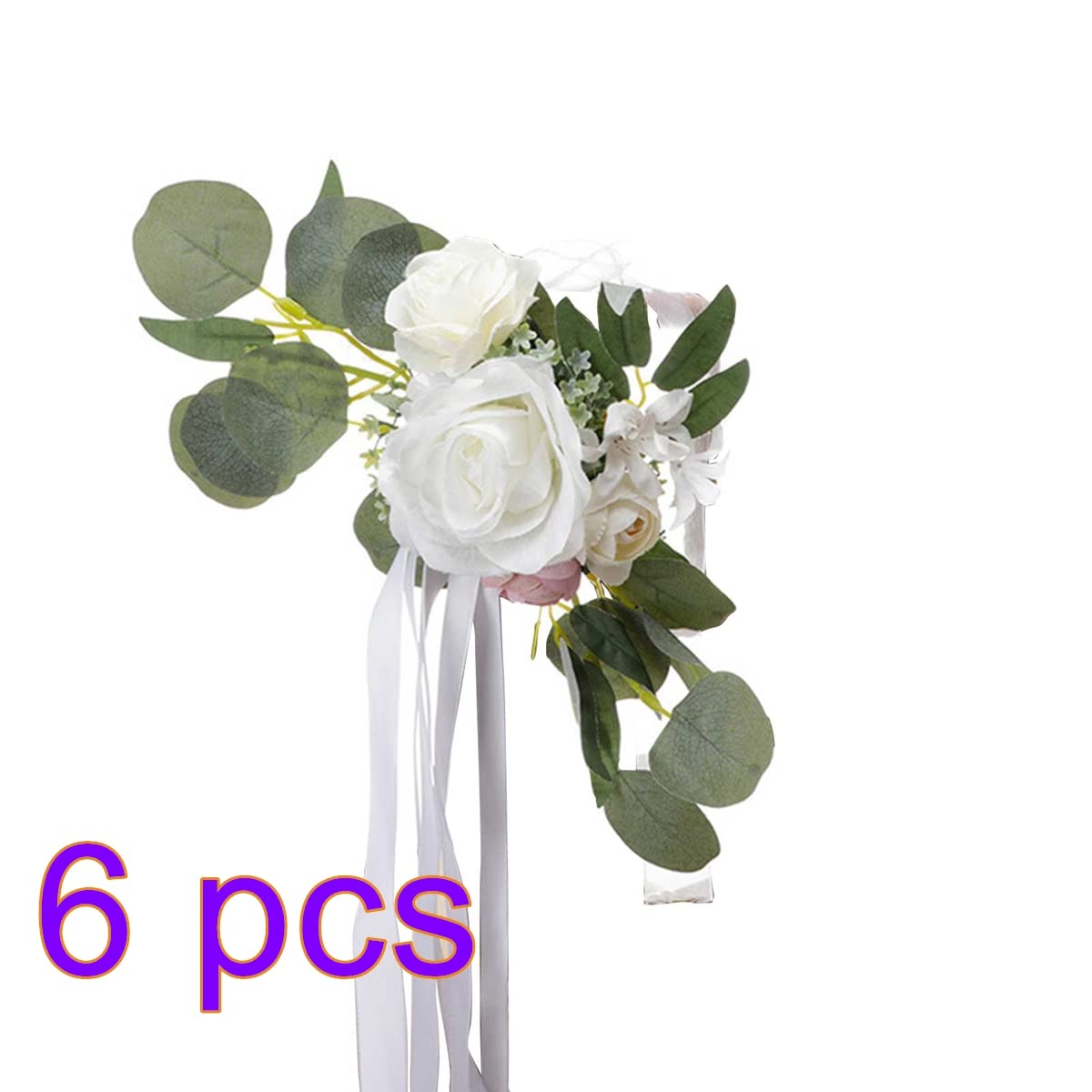 6 Pack Artificial Flower Arrangements for Wedding Chair Back Decor - Handmade Silk Bridal Bouquets with Eucalyptus Ribbons - Perfect for Wedding Aisle, Ceremony, Reception & Party Decorations