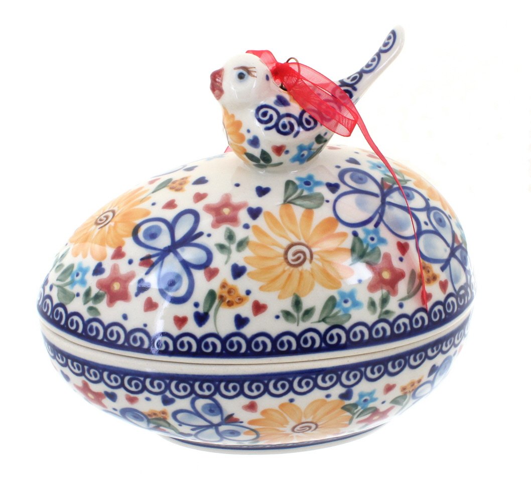 Handmade Blue Rose Polish Pottery Butterfly Egg Box with Bird - Decorative Ceramic Jewelry Storage for Home Decor, Gift Idea & Easter Display