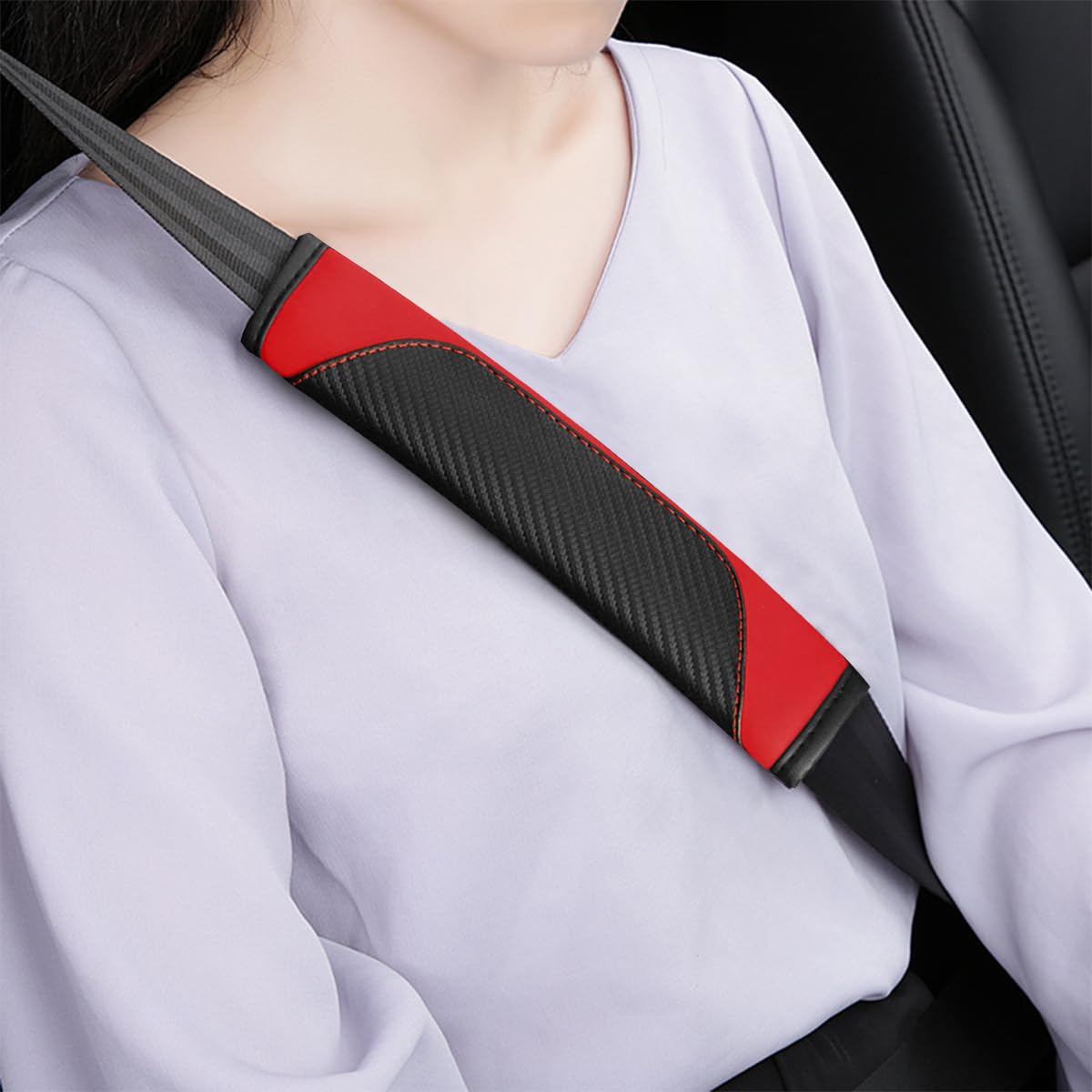 2PCS Carbon Fiber Car Seat Belt Cover - Soft Shoulder Protection Pad for Comfort & Safety - Neck & Shoulder Cushion for Car, Truck - Red Car Accessories (Perfect for Long Drives & Daily Commutes)
