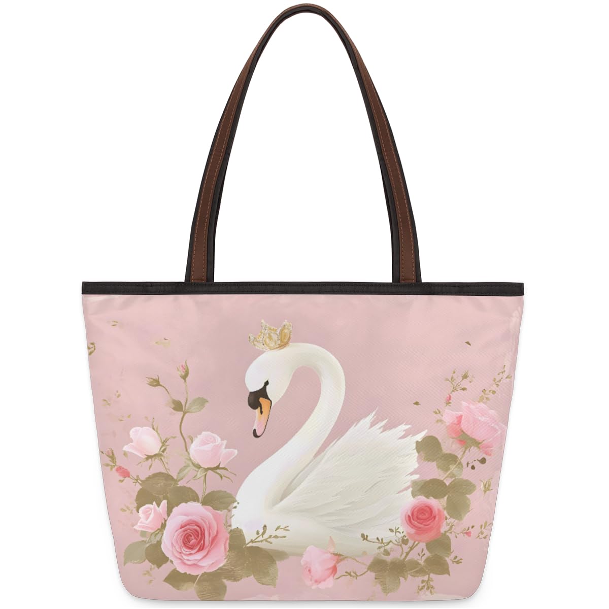 Elegant Swan Roses Floral Tote Bag for Women - Zippered Work & Travel Handbag - Perfect for Office, Commute, and Weekend Getaways