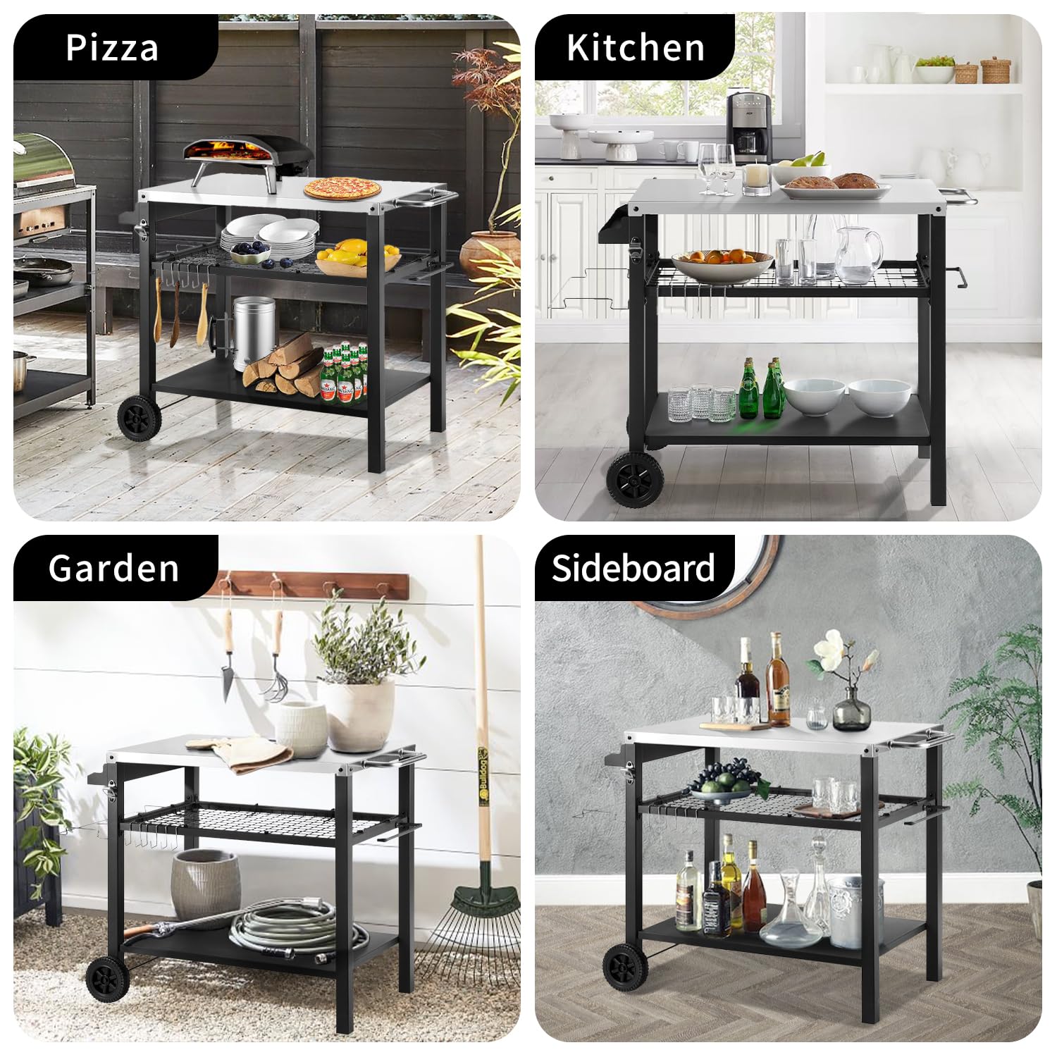 **3-Tier Rolling Kitchen Cart - Portable Outdoor BBQ Grill Table, Pizza Oven Stand with Hooks - Multifunctional Food Prep Island for Indoor & Outdoor Use (Silver) - Perfect for Patio, Picnic & Camping**