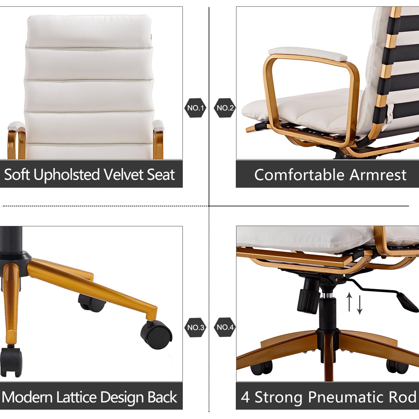 Premium Ergonomic High Back Leather Office Chair - 330LBS Weight Capacity, 360° Swivel & Adjustable Height with 5-Wheel Casters - Modern Gold Frame Executive Desk Chair for Home Office, Gaming & Workstation (GD-White) - Perfect for Long Hours of Comfortable Sitting