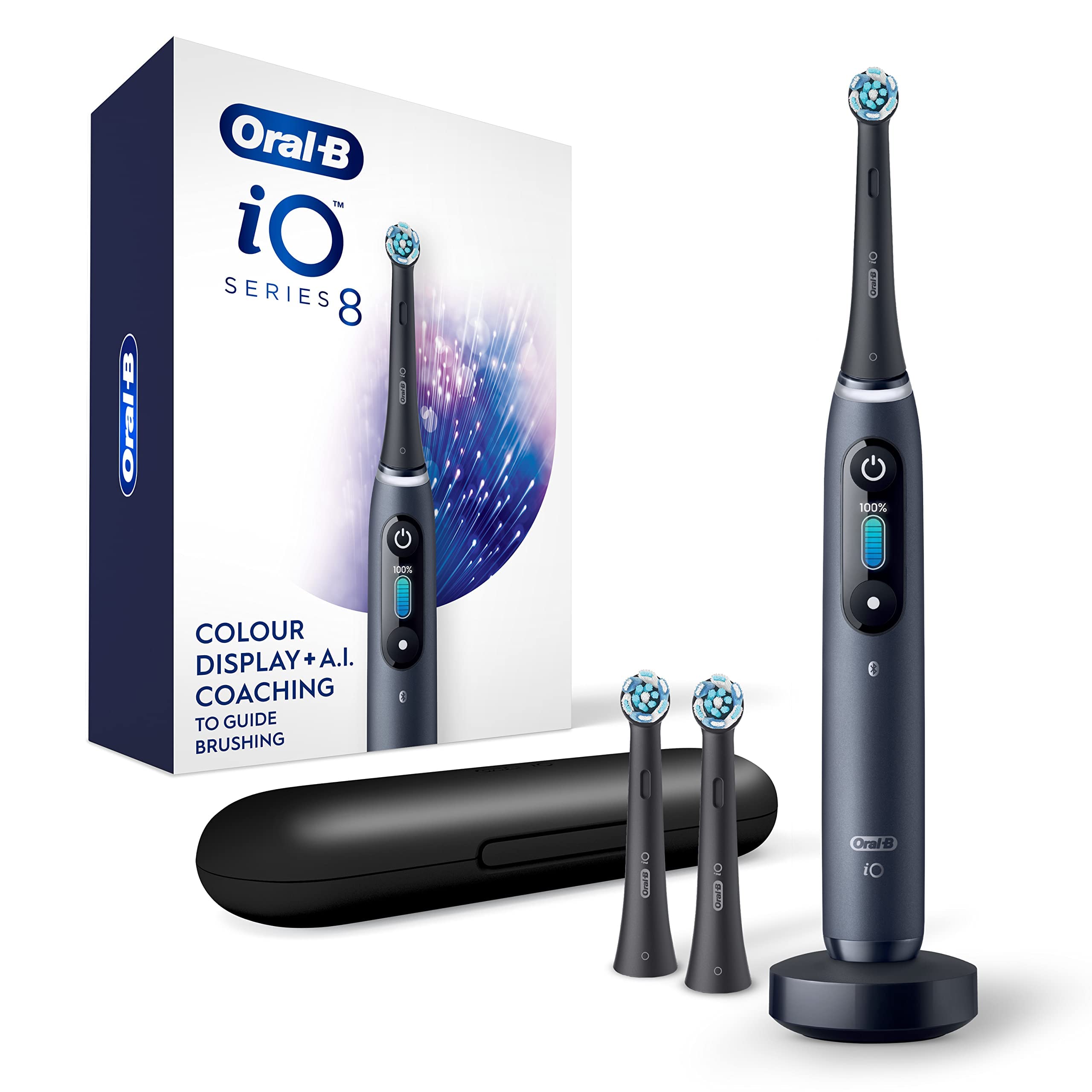 Oral-B iO Series 8 Electric Toothbrush with 2 Replacement Brush Heads & Travel Case - Rechargeable Smart Toothbrush in Black Onyx for Professional Dental Care at Home & Travel