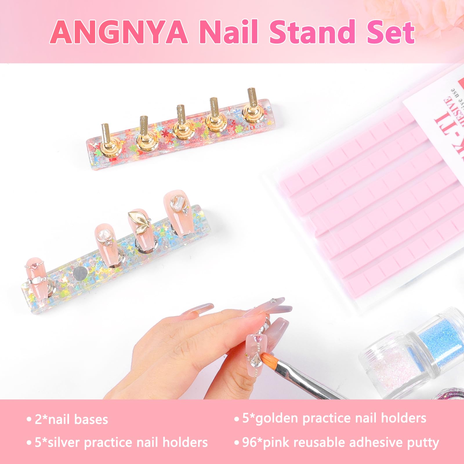 ANGNYA 2 Pack Magnetic Press On Nail Stand Display with 96 Reusable Adhesive Putty - DIY Nail Art Practice Holder for Salon & Home Manicure Tools | Perfect for Nail Artists, Beginners & Beauty Professionals