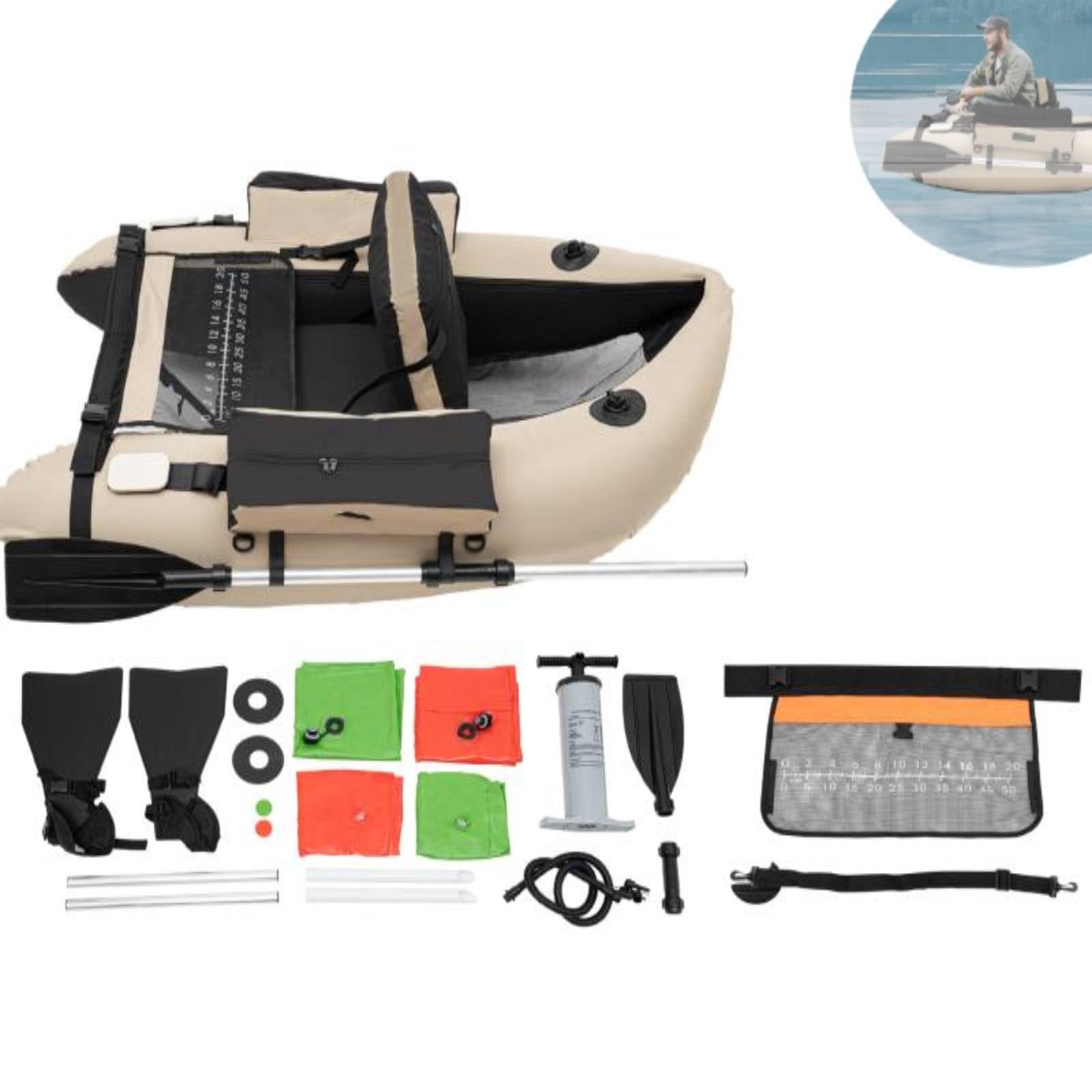**53.5 x 41.5 Inch Inflatable Fishing Float Tube with Paddle, Fins, 20-Inch Fish Ruler, Air Pump & Storage Pockets – Adjustable Straps, 286.6 lbs Capacity – Perfect for River, Lake, Bass & Fly Fishing**    *(Use Case: Ideal for solo anglers, fly fishing, bass fishing, and calm water adventures in lakes, rivers, and ponds.)*