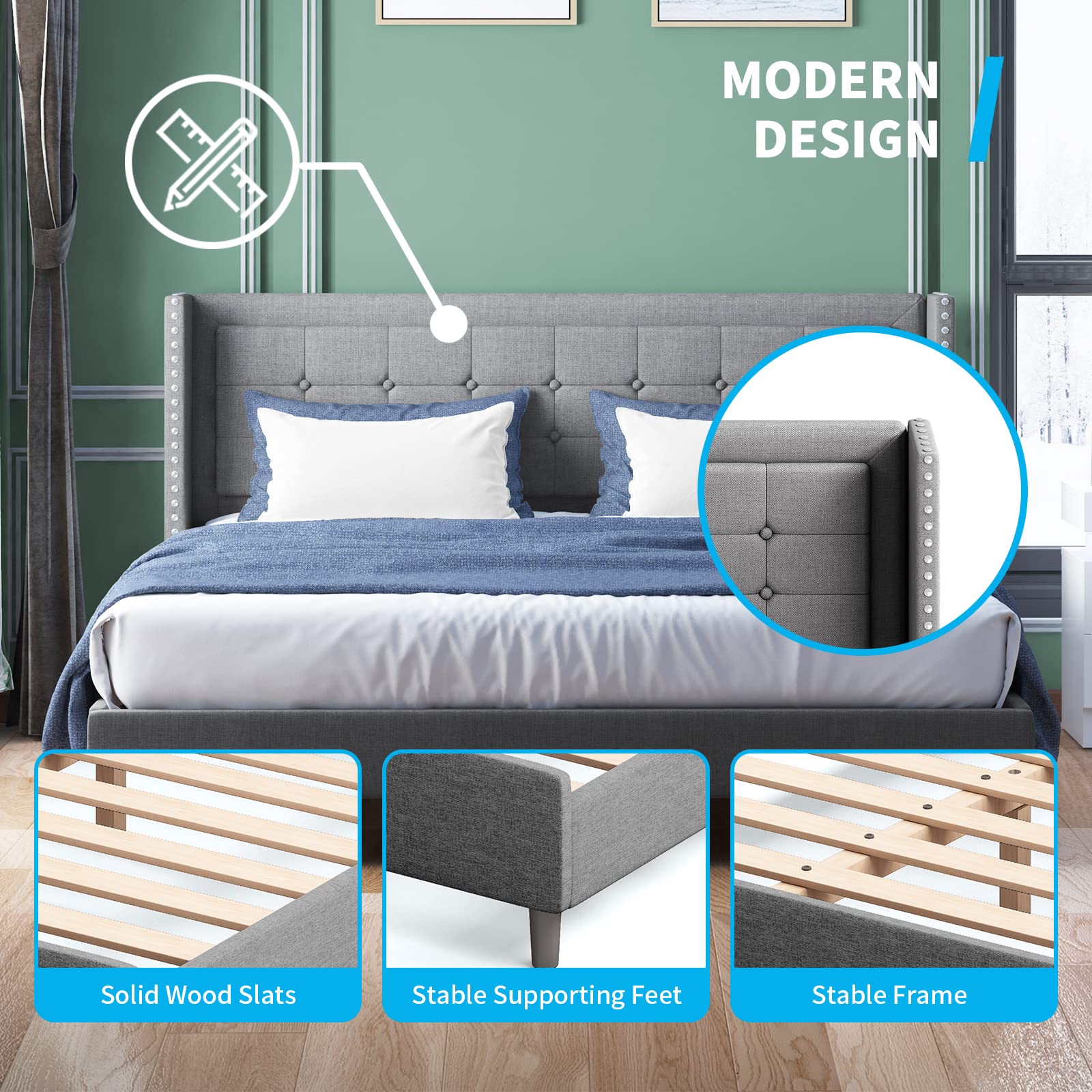 BALUS King Size Platform Bed Frame with Wingback Headboard - Modern Upholstered Bed with Rivet Design, No Box Spring Required, Easy Assembly (Dark Grey) - Perfect for Master Bedroom, Guest Room & Modern Home Decor