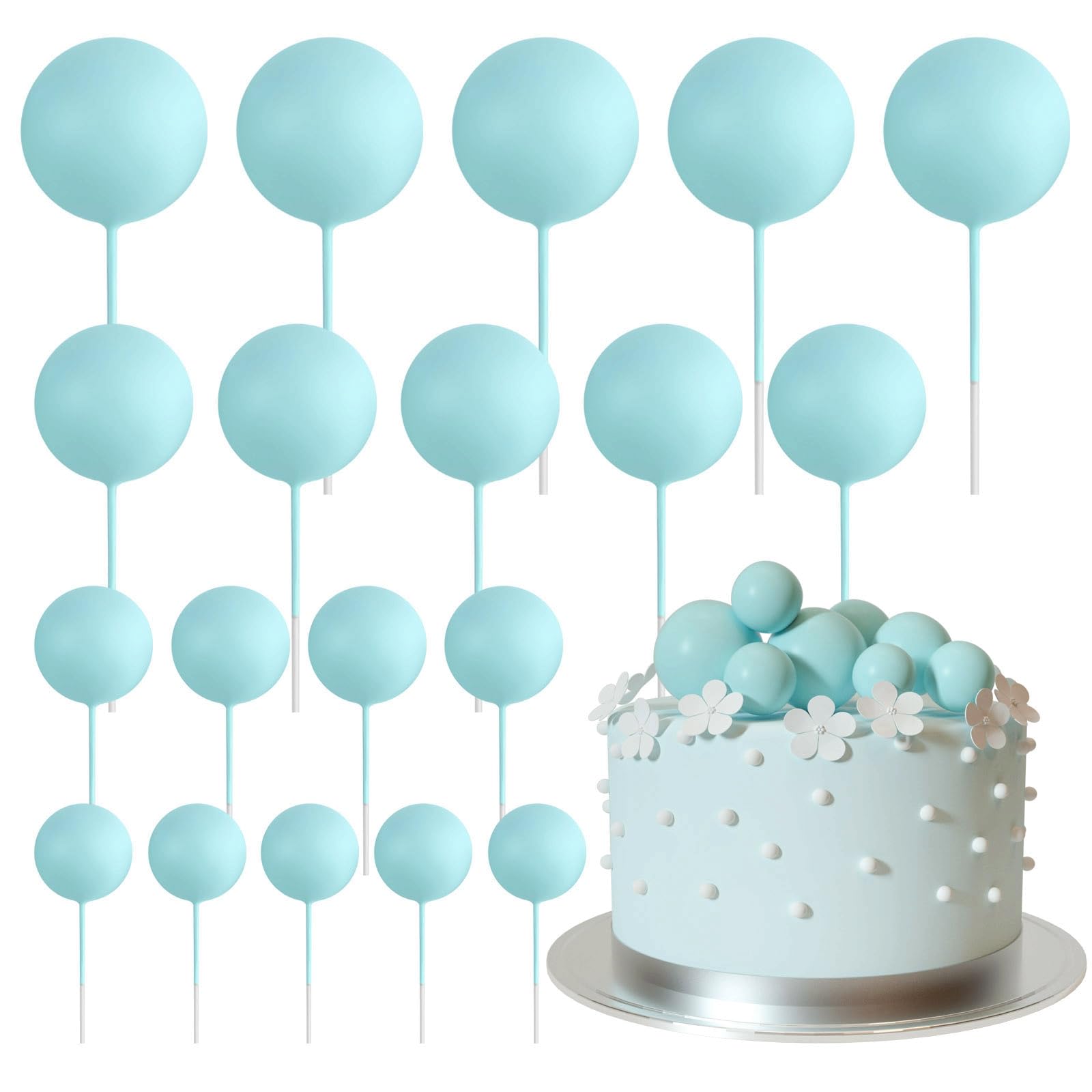 ASTARON 20 Pcs Mini Balloon Cake Toppers - Light Blue Ball Cake Decorations with Sticks for Wedding, Birthday Party | Perfect for Cupcakes, Desserts & Celebration Cakes