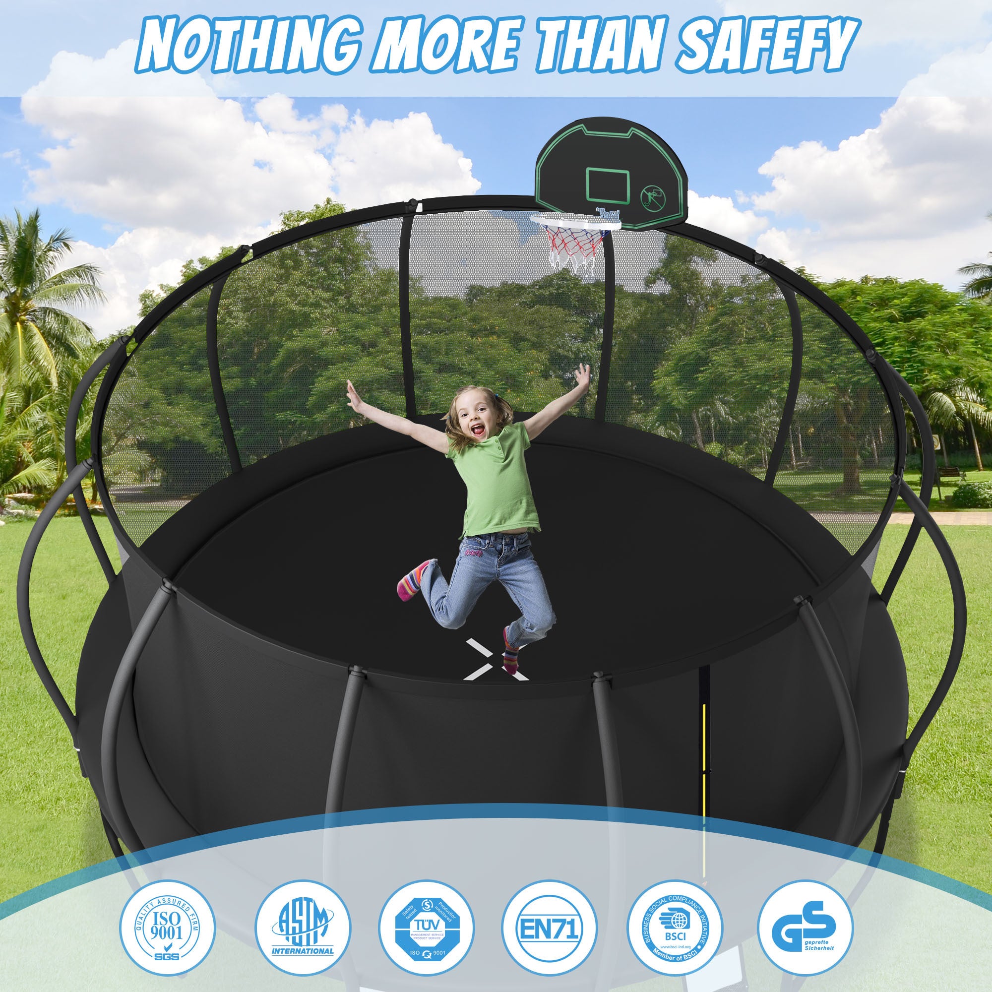12FT Kids Trampoline with Safety Enclosure - Upgraded ArcPole & Composite TopLoop, Includes Basketball Hoop & 10 Ground Stakes | Outdoor Backyard Play Equipment for Physical Exercise & Family Fun | Perfect for Birthday Gifts, Garden Activities & Kids Fitness Training