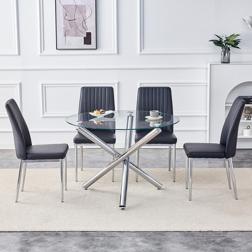 42 Inch Round Tempered Glass Dining Table Set for 4 with PU Leather Chairs - 5 Piece Modern Kitchen Table Set for Small Spaces | Perfect for Breakfast Nooks, Compact Dining Rooms & Cozy Apartments