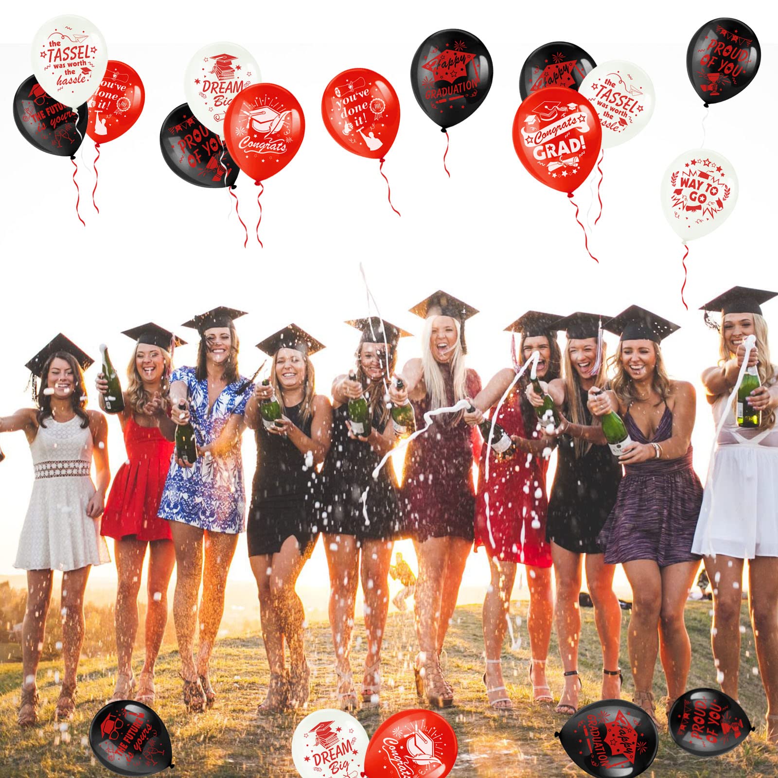 38-Piece Graduation Party Balloon Kit - 12 Inch Class of 2023 Latex Balloons with 2 Ribbon Rolls (Red, White, Black) - Proud of You & Congrats Printed Balloons for Classroom Decorations - 9 Unique Designs - Perfect for Graduation Parties, School Events & Celebration Decor