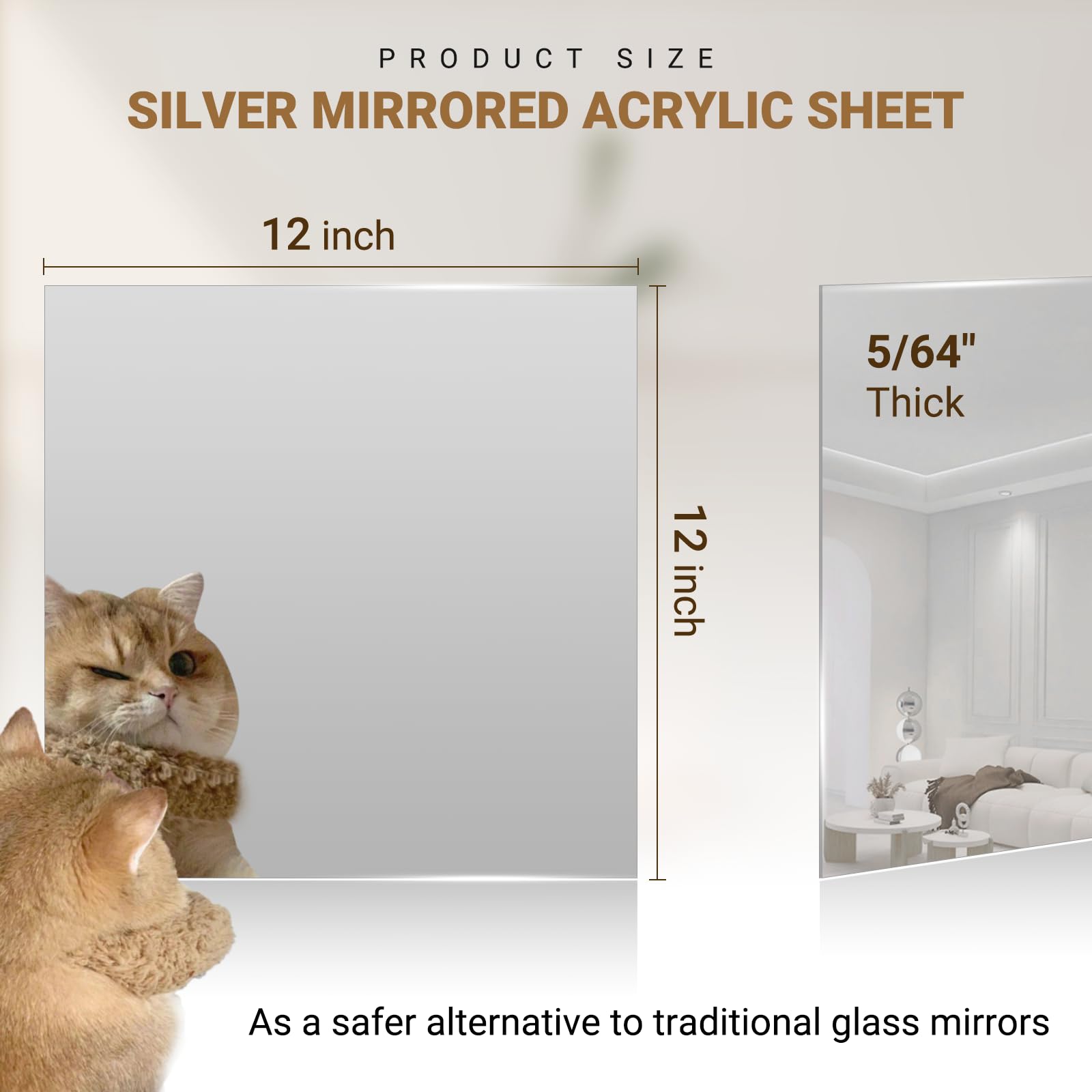 6-Pack Calvana 12x12 Inch Square Acrylic Mirror Sheets - 1.8mm Shatterproof & Unbreakable Non-Glass Wall Mirrors with Adhesive Backing - Includes Double-Sided Foam Stickers for Home Gym, Dance Studio, Yoga Room & Bathroom Decor