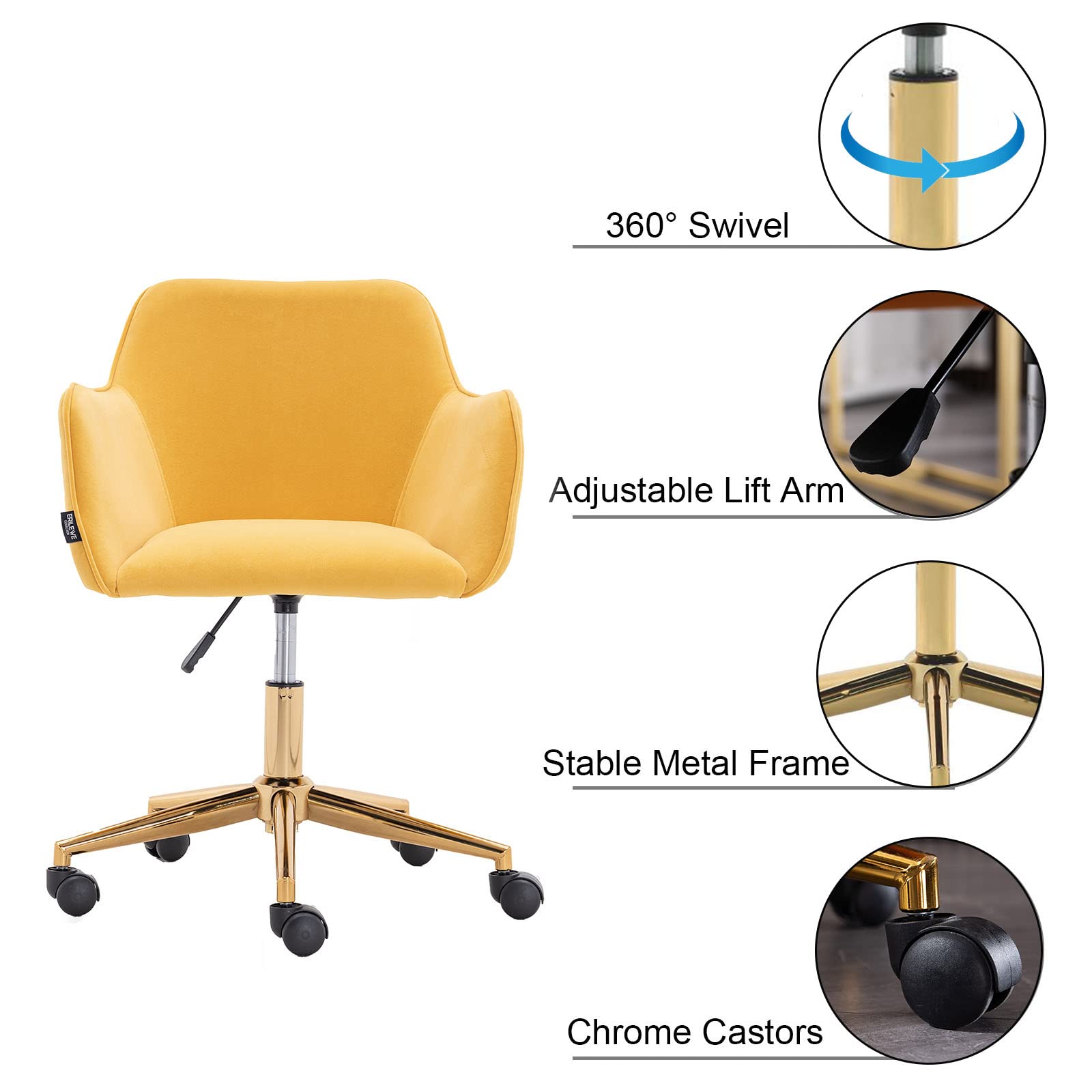 Yoluckea Modern Velvet Home Office Chair - Adjustable Swivel Desk Chair with Ergonomic Support for Women & Teens, Soft Upholstered Task Chair for Living Room, Bedroom or Vanity (Yellow) - Perfect for Remote Work, Online Classes & Home Office Setup