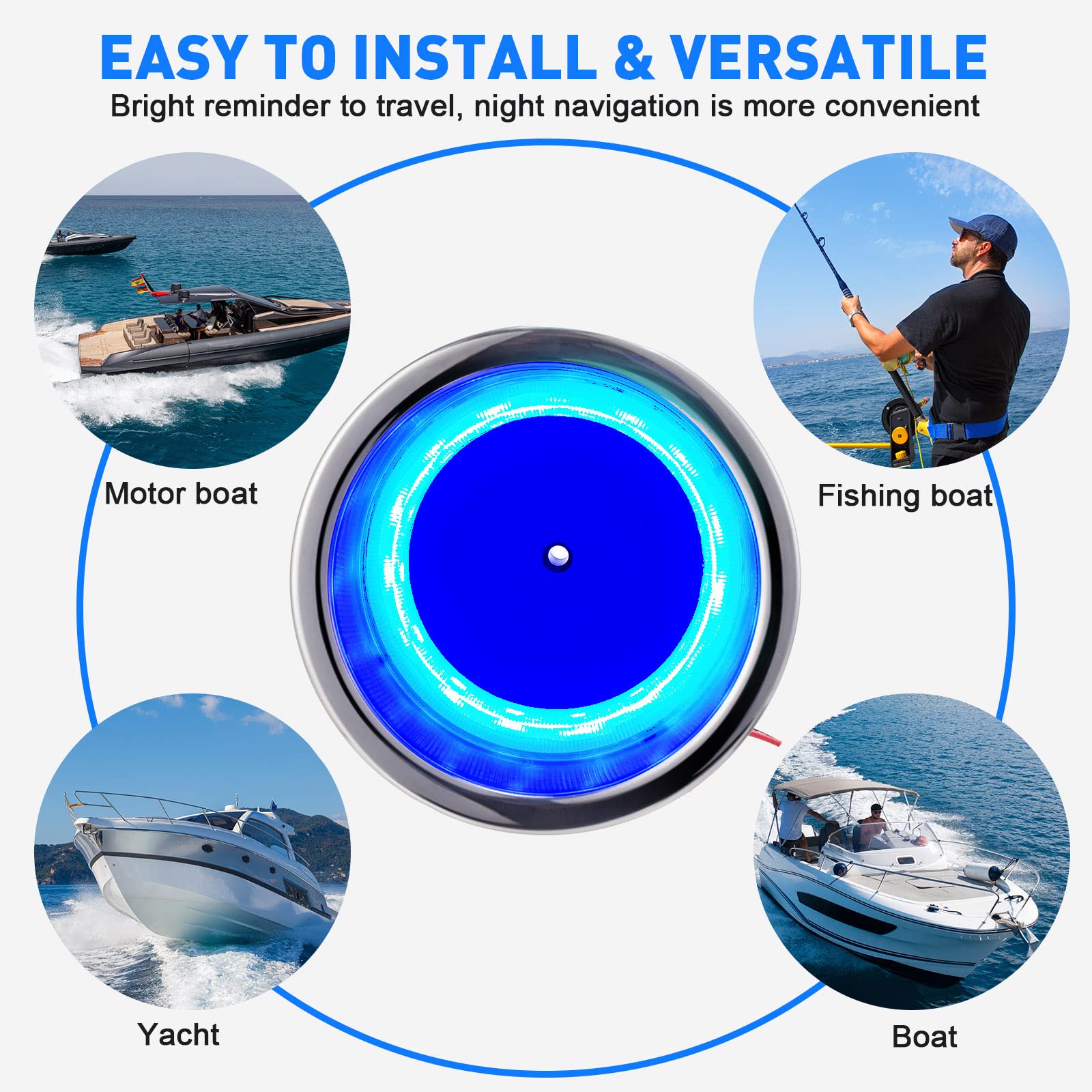 6-Pack LED Cup Holder Inserts with Drain - Stainless Steel Marine Drink Holders for Boat, Yacht, Car, Camper, Truck & RV - Blue Ambient Lighting for Night Driving & Party Decor
