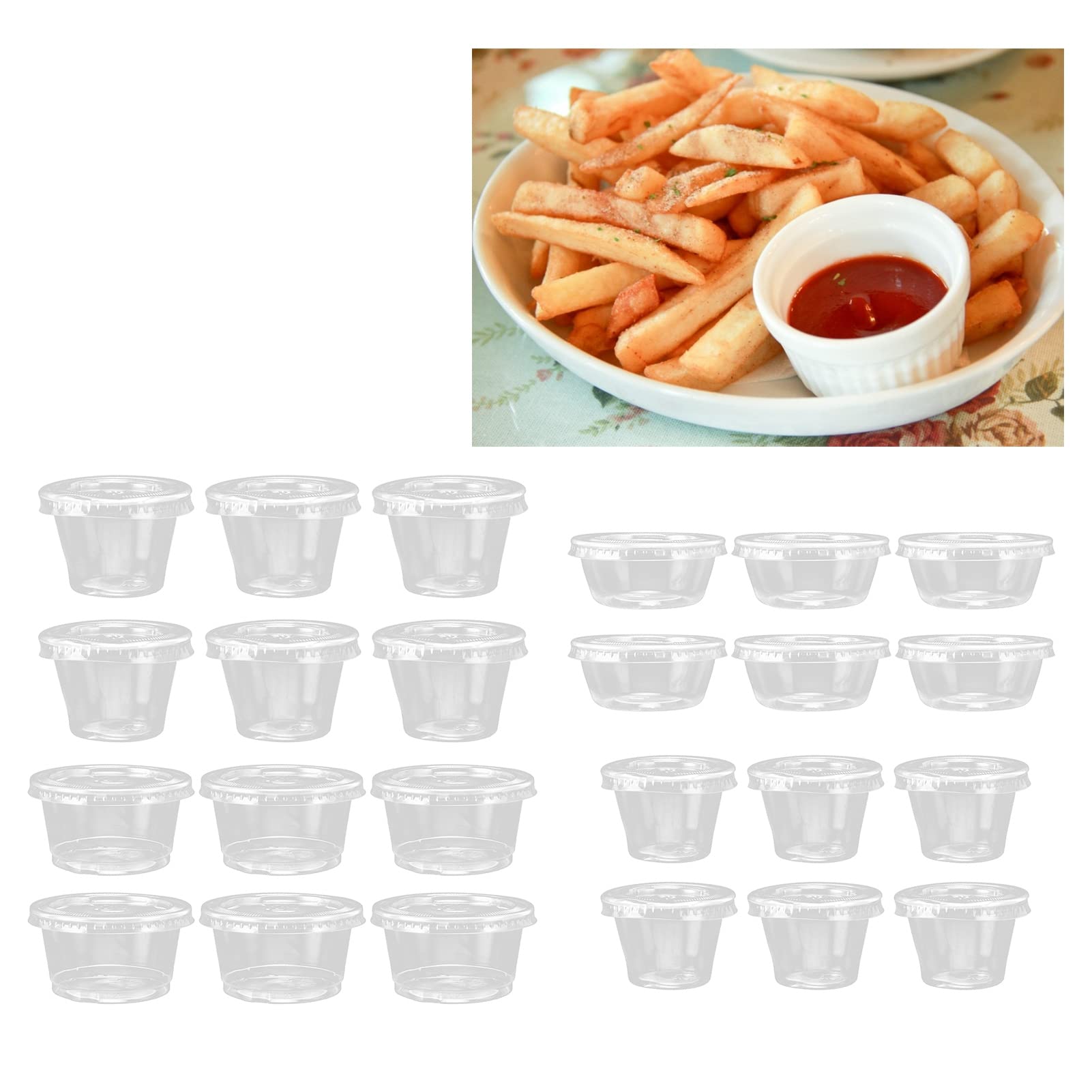 100-Pack 1 oz Clear Plastic Portion Cups with Lids - Disposable Jello Shot & Condiment Containers for Sauce, Pudding, Dipping - Perfect for Parties, Catering, Restaurants & Home Use