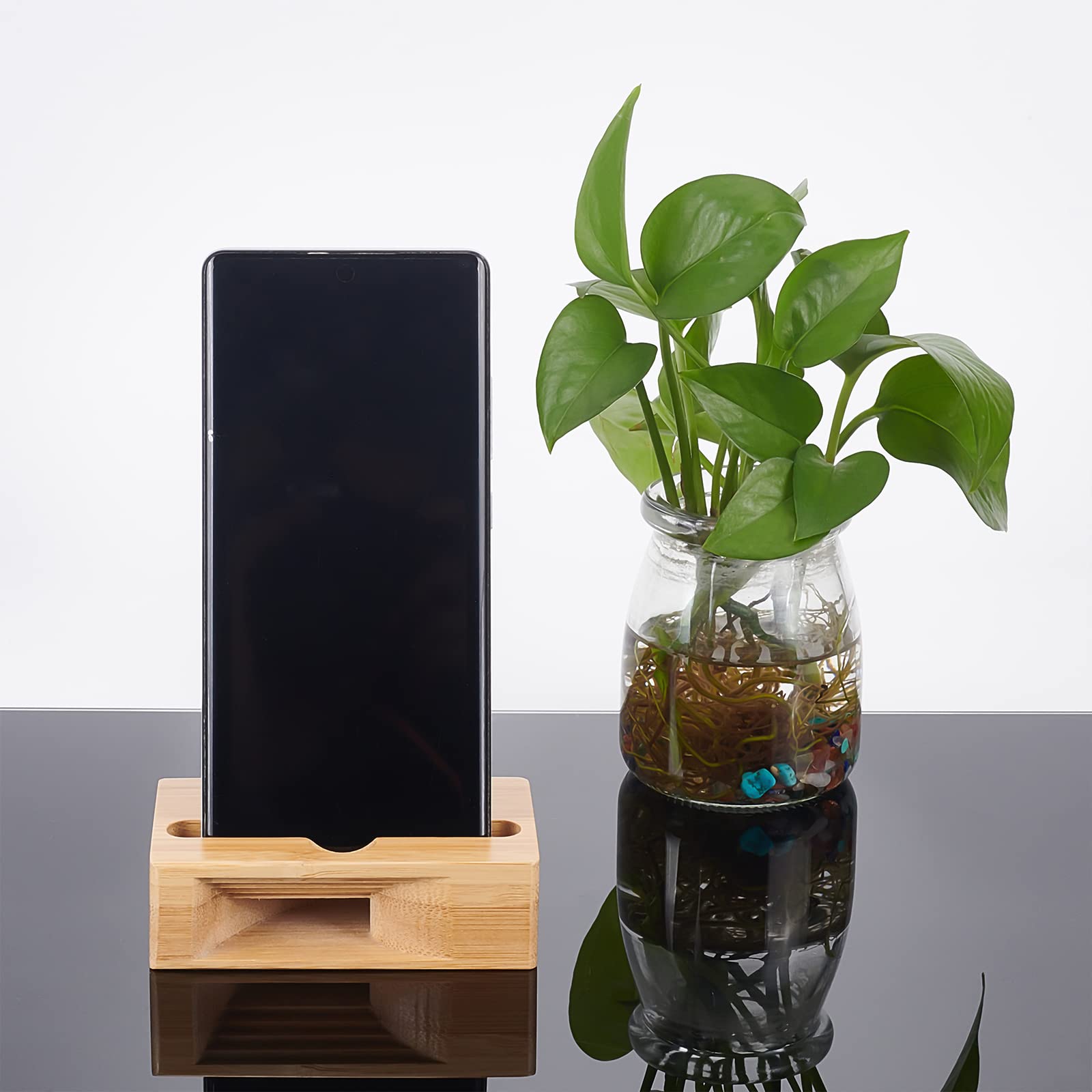 WEBEEDY 2-Pack Bamboo Phone Stand Amplifier - Portable Desktop Cell Phone Holder for iPhone & Android - Perfect for Office, Home, Watching Videos & Video Calls