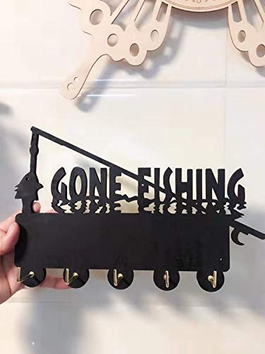 KingLive Wooden Wall Key Holder with 5 Metal Hooks - Black Fishing-Themed Key Organizer for Home & Office | Perfect Gift for Fishing Enthusiasts | Ideal for Entryway, Mudroom, or Cabin Decor