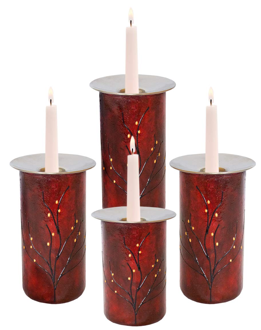 Hand Painted Sand and Water Themed Candle Holders - Set of 2 (6.5 Inch) Red Glass for Home Decor, Wedding Centerpieces & Beach House Accents