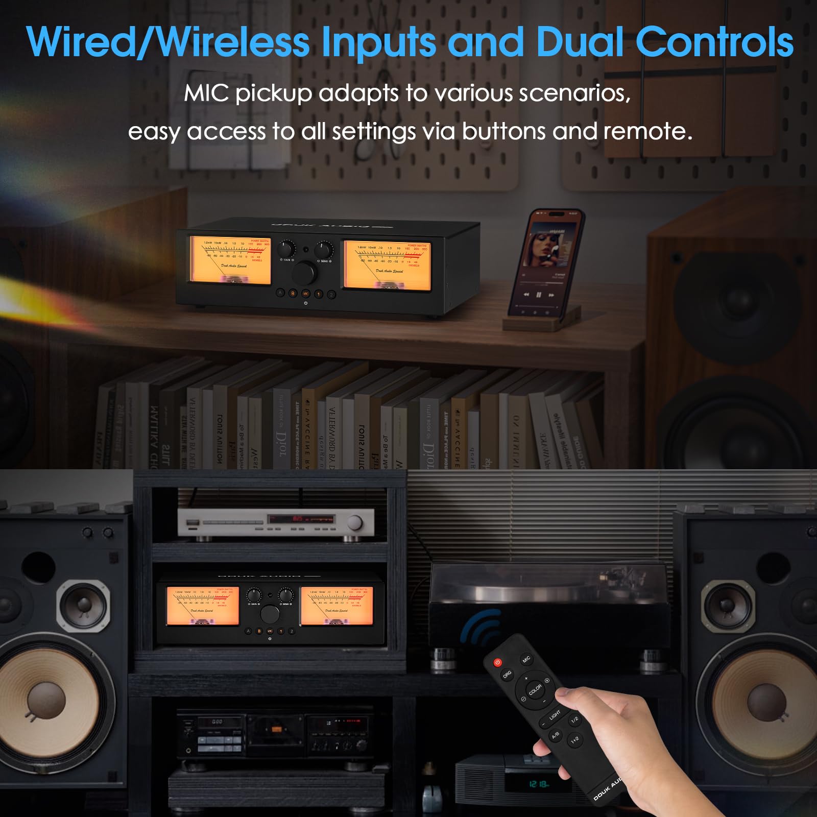 Douk Audio VU3 PRO Dual Analog VU Meter & 2-Way Amplifier Switch - 2-IN-2-OUT Speaker Selector with DB Panel Display for Home Stereo & Professional Audio Systems