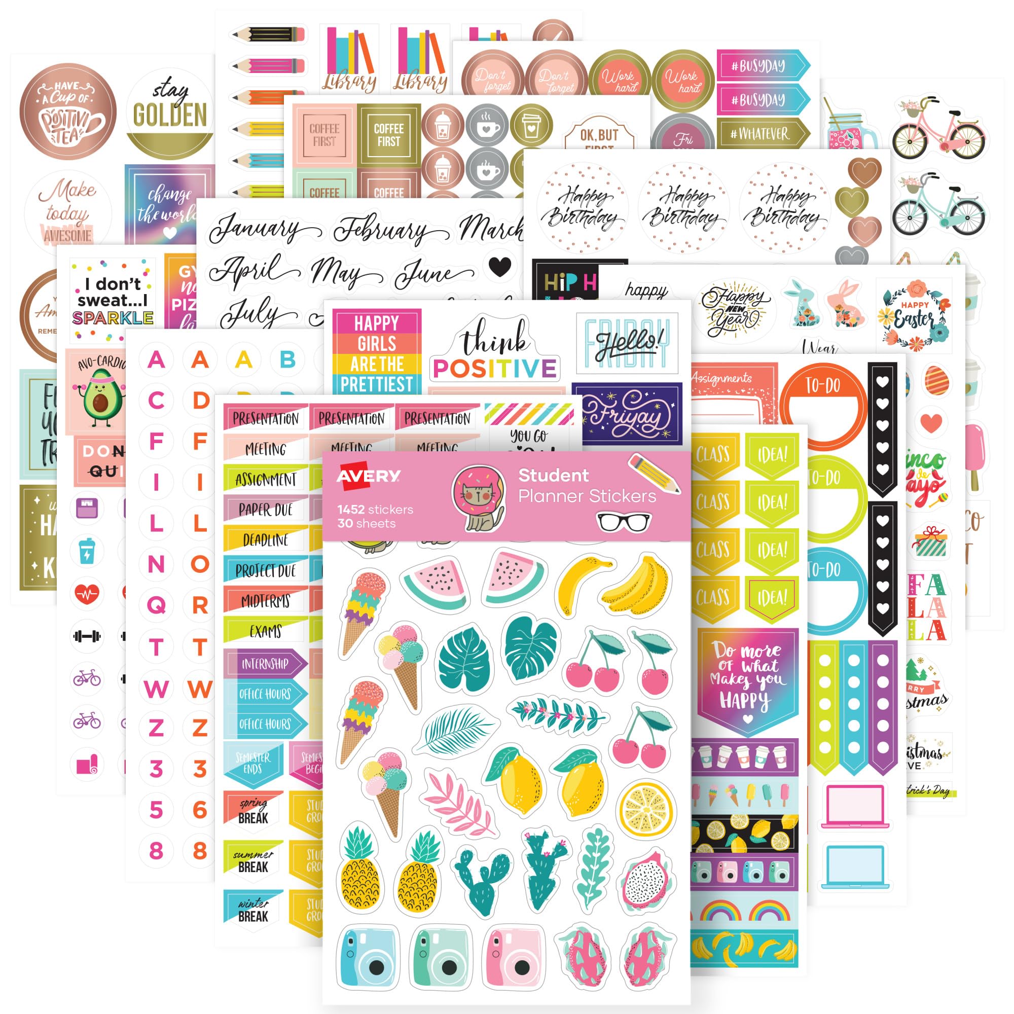 Avery Student Planner Stickers Pack - 1,452 Colorful Stickers for School Planners, Journals & Calendars | 30 Sheets | Perfect for Organizing Homework, Exams & Daily Schedules (6784)