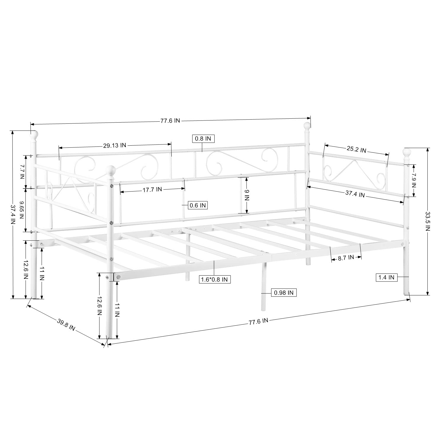 White Metal Daybed Twin Size - No Box Spring Needed, Multi-Functional Sofa Bed Frame for Living Room, Guest Room & Small Spaces - Sturdy Metal Bed Frame with Modern Design