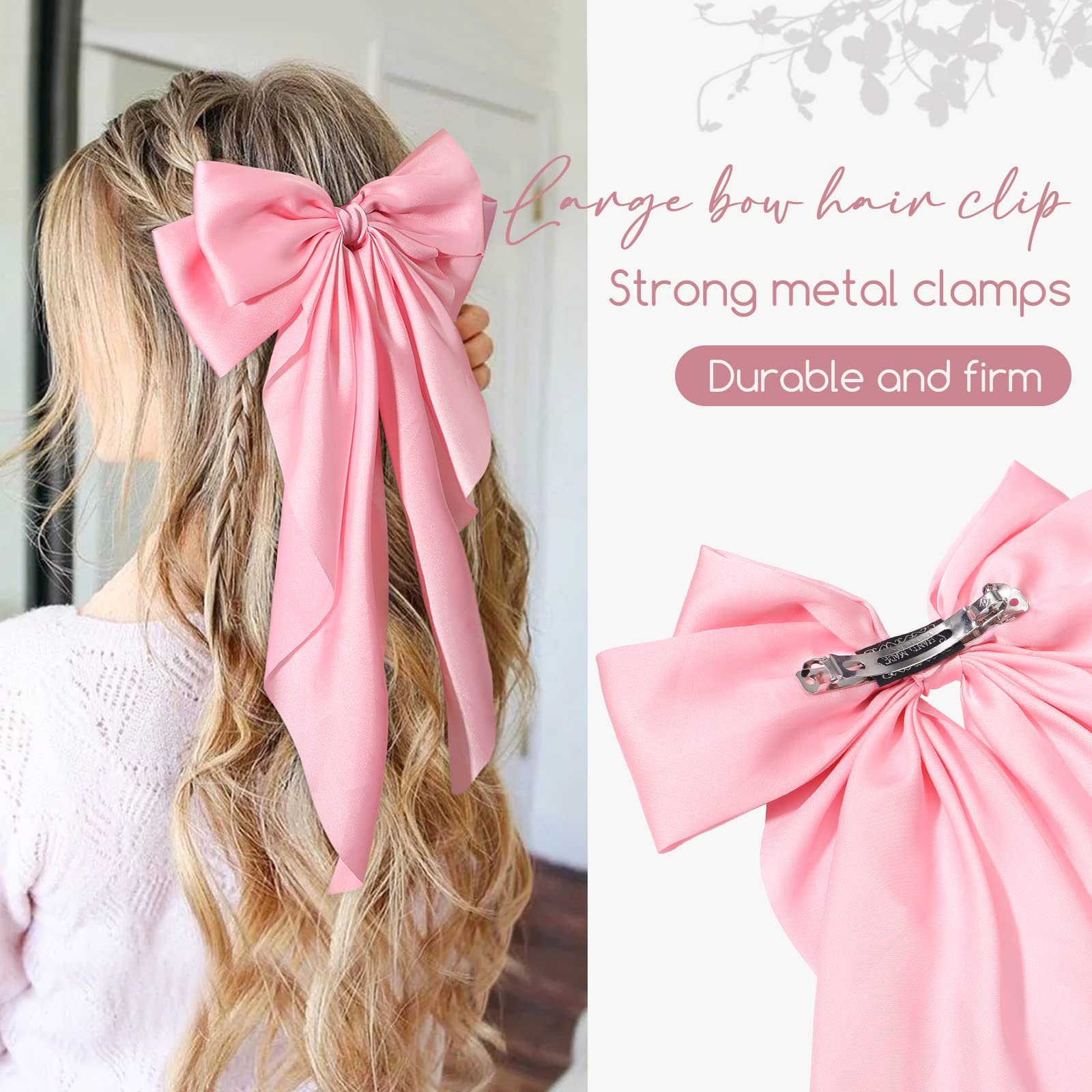 1PC Large Satin Hair Bows for Women & Girls - Giant Long Ribbon Bow Hair Clips, Ponytail Holder, Silk Hair Accessories (Pink) - Perfect for Weddings, Parties & Everyday Style