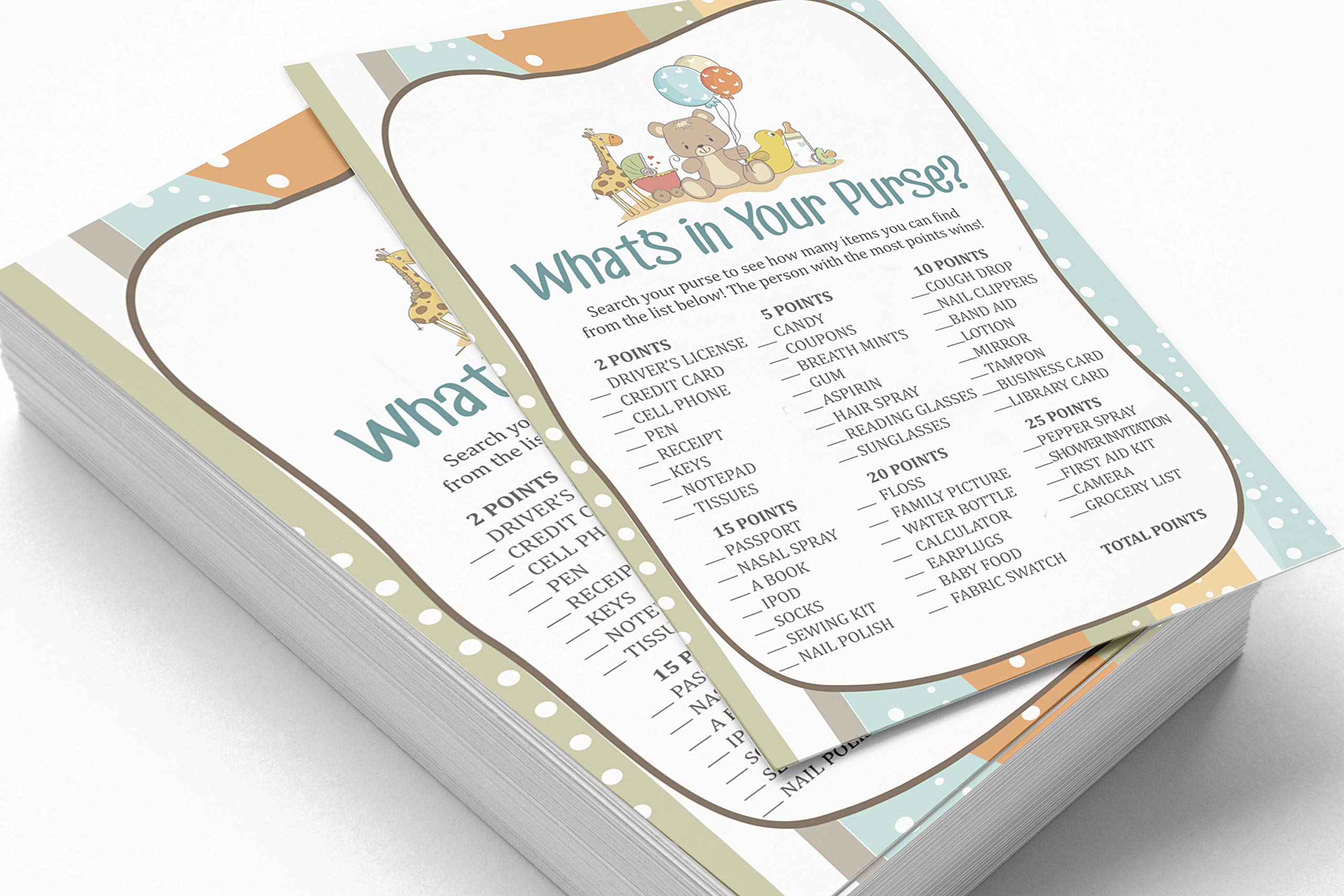50 Sheets What's in Your Purse Baby Shower Game Cards - Gender Neutral Baby Shower Activity for Boys & Girls - Fun Party Games & Baby Shower Supplies - Perfect for Baby Showers, Birthday Parties & Family Gatherings