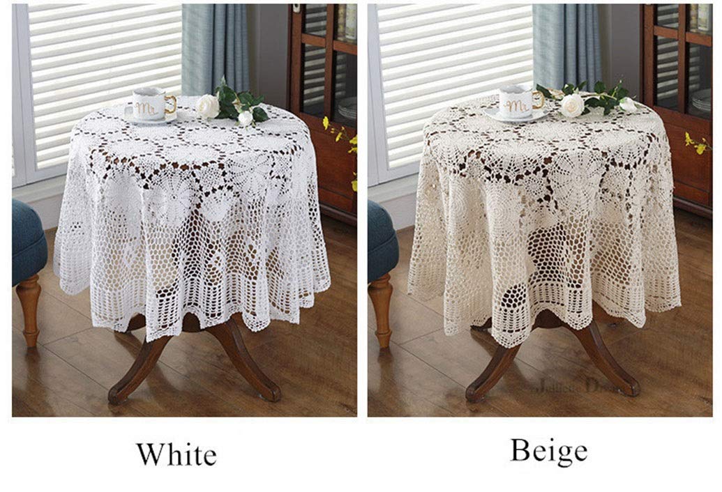 Handmade 100% Cotton Crochet Tablecloth - Round, Square, Rectangular Lace Doilies & Table Covers in White & Beige (180cm Diameter) - Perfect for Dining Tables, Coffee Tables & Wedding Decor