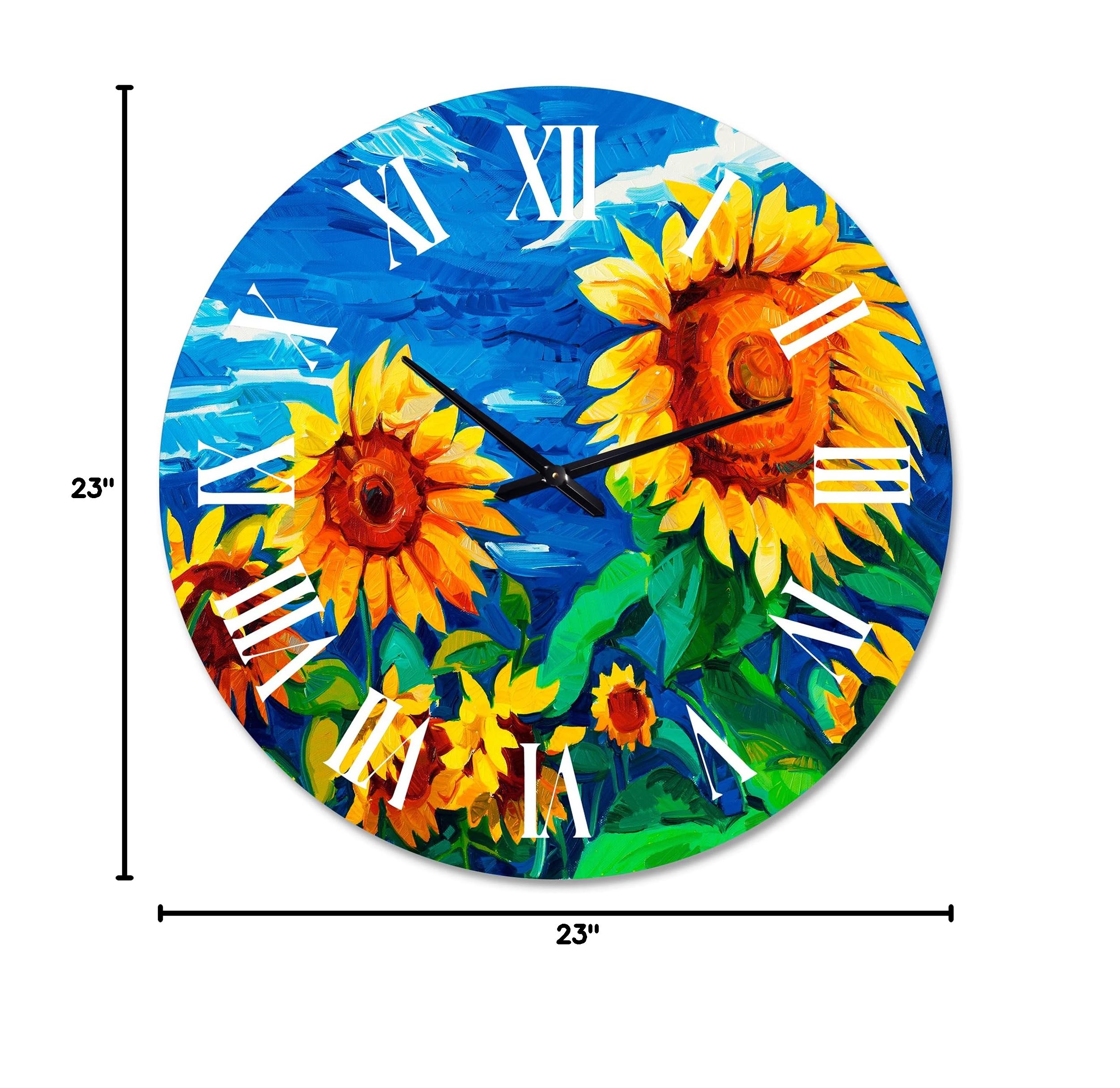 DesignQ Large Traditional Wall Clock - 'Two Sunflowers Under Bright Blue Sky' Floral Botanical Decor for Living Room, Bedroom & Office | Perfect Home & Office Wall Art