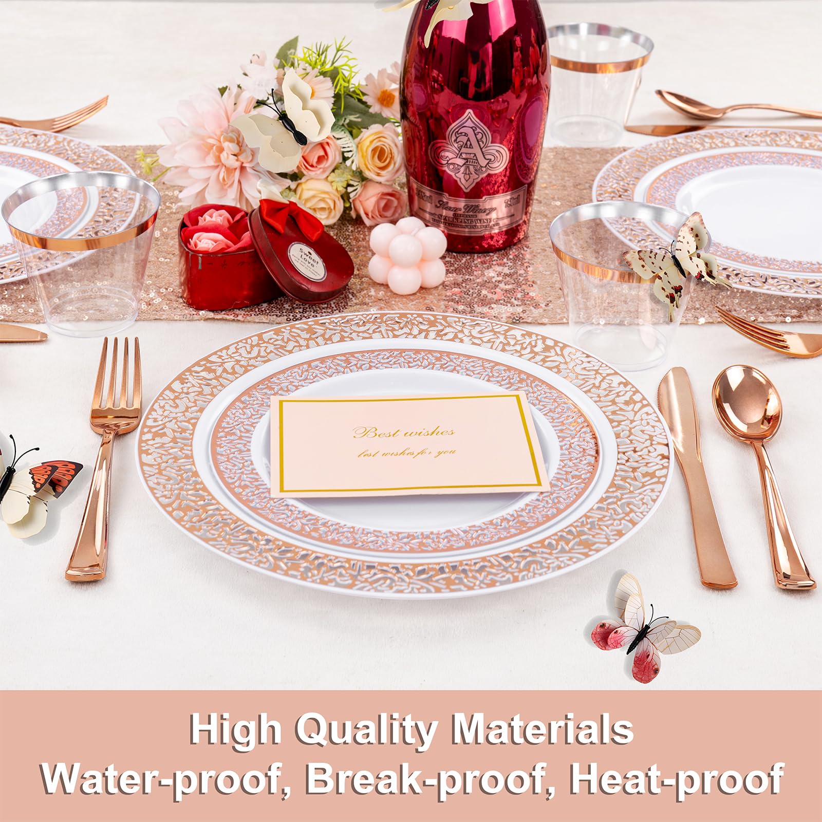 WELLIFE 350-Piece Rose Gold Plastic Dinnerware Set - Disposable Rose Gold Lace Plates, Cups, Silverware & Napkins for Wedding, Bridal Shower, Birthday Party & Elegant Events (50 Dinner Plates, 50 Dessert Plates, 50 Cups, 50 Pre-Rolled Napkins with Silverware) - Perfect for Home Celebrations, Catering & Special Occasions