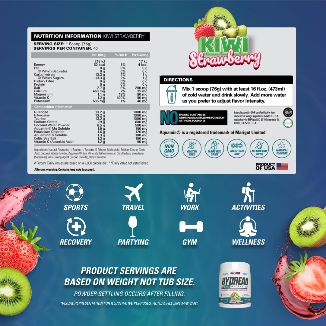 EHP Labs Hydreau Hydration Support Powder - 40 Servings | Electrolyte & Vitamin Supplement for Hydration & Recovery | Perfect for Workouts, Travel & Daily Hydration Needs
