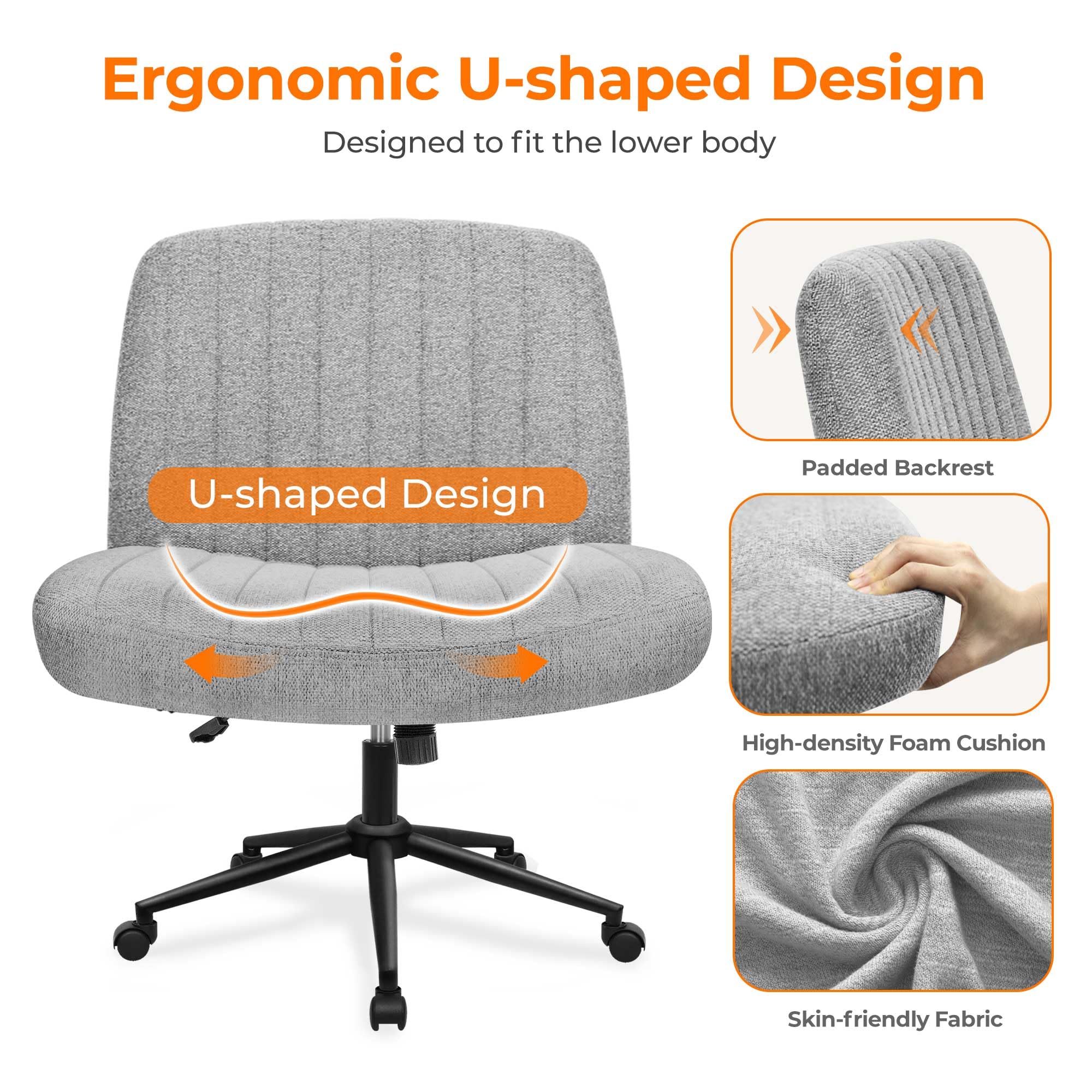 NEO CHAIR Criss Cross Leg Office Chair with Wheels - Adjustable Swivel Rolling Computer Desk Chair, Armless Cross-Legged Design, Wide Comfy Seat for Home Office, Vanity & Makeup (Grey Fabric) - Perfect for Work, Study, Gaming & Beauty Stations