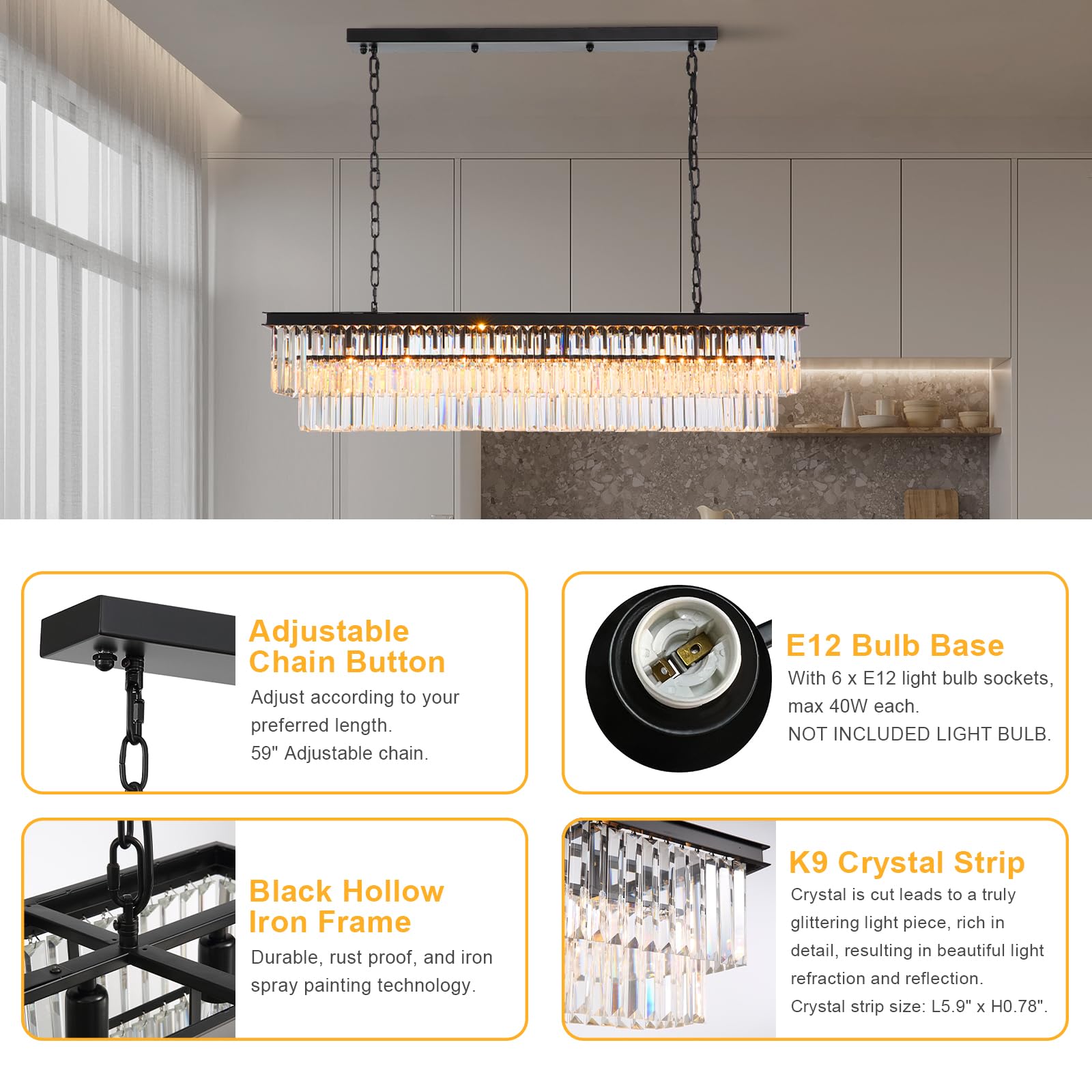 NOXARTE Modern Rectangular Crystal Chandelier - 8-Light Black Pendant Fixture for Dining Room, Kitchen Island, Bar & Living Room (47 Inch) - Elegant Lighting for Home Decor & Interior Design