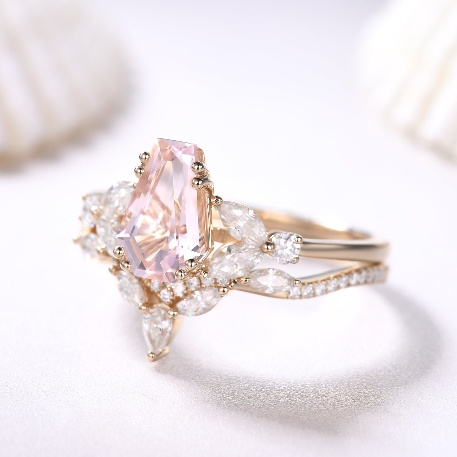 Elegant Coffin-Shaped Morganite Bridal Ring Set with Curved Matching Wedding Band - Perfect for Gothic Weddings, Alternative Engagement, and Unique Bridal Jewelry Gifts