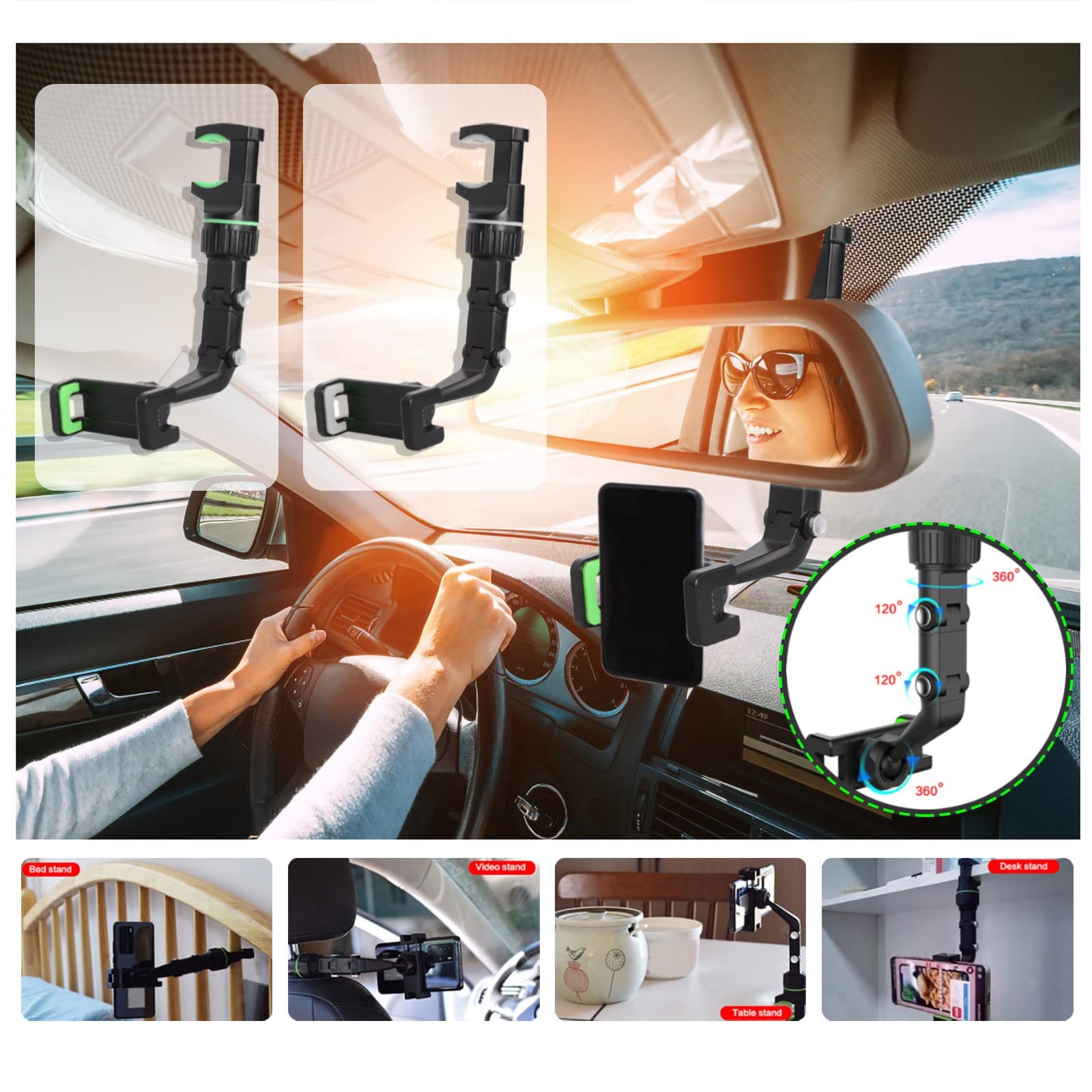 360° Rotating Universal Car Phone Mount - Multifunctional Rearview Mirror Clip Holder for GPS & Smartphones, Green - Perfect for Hands-Free Navigation & Safe Driving