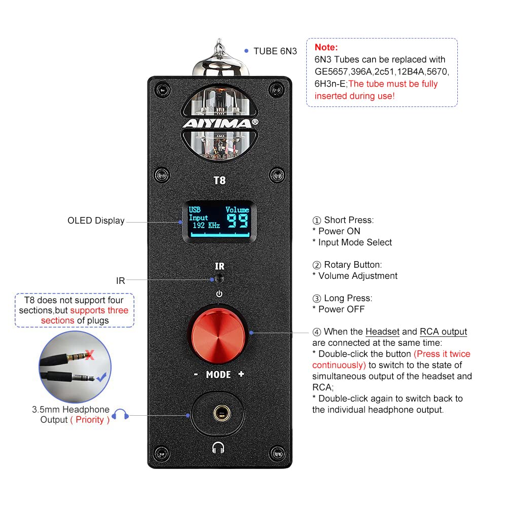 AIYIMA T8 6N3 Tube Preamplifier with Bluetooth 5.0, Hi-Fi Headphone Amp, USB DAC, APTX HD - Wireless Audio Receiver for Home Stereo System, PC & Turntable (Includes Remote Control) - Perfect for Vinyl Enthusiasts & Audiophiles