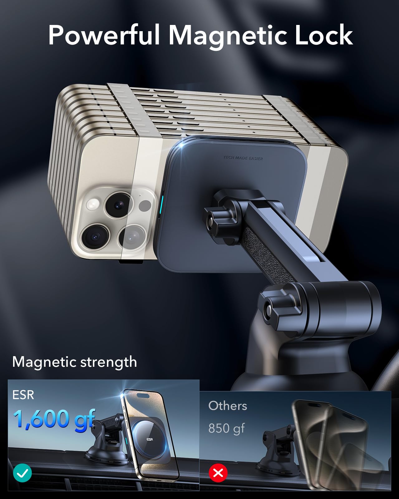 ESR MagSafe Car Mount Charger - Magnetic Wireless Phone Holder for iPhone 16/15/14/13/12 & Samsung S25 | 360° Rotation Dashboard/Windshield Mount | Fast Charging | Perfect for Commuting, Road Trips & Hands-Free Navigation