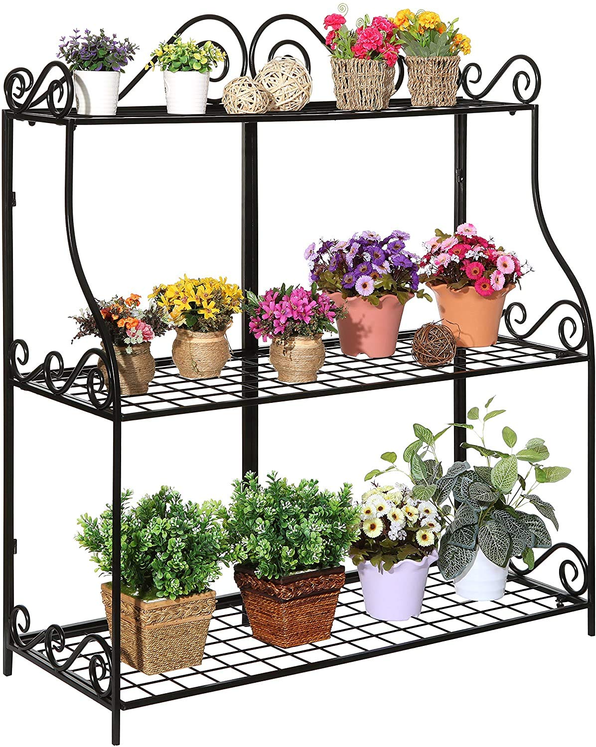 MyGift 3-Tier Black Metal Indoor Plant Stand - Freestanding Flower Pot & Planter Shelf with Scrollwork Design - Home Storage Organizer for Living Room, Patio, Balcony Decor