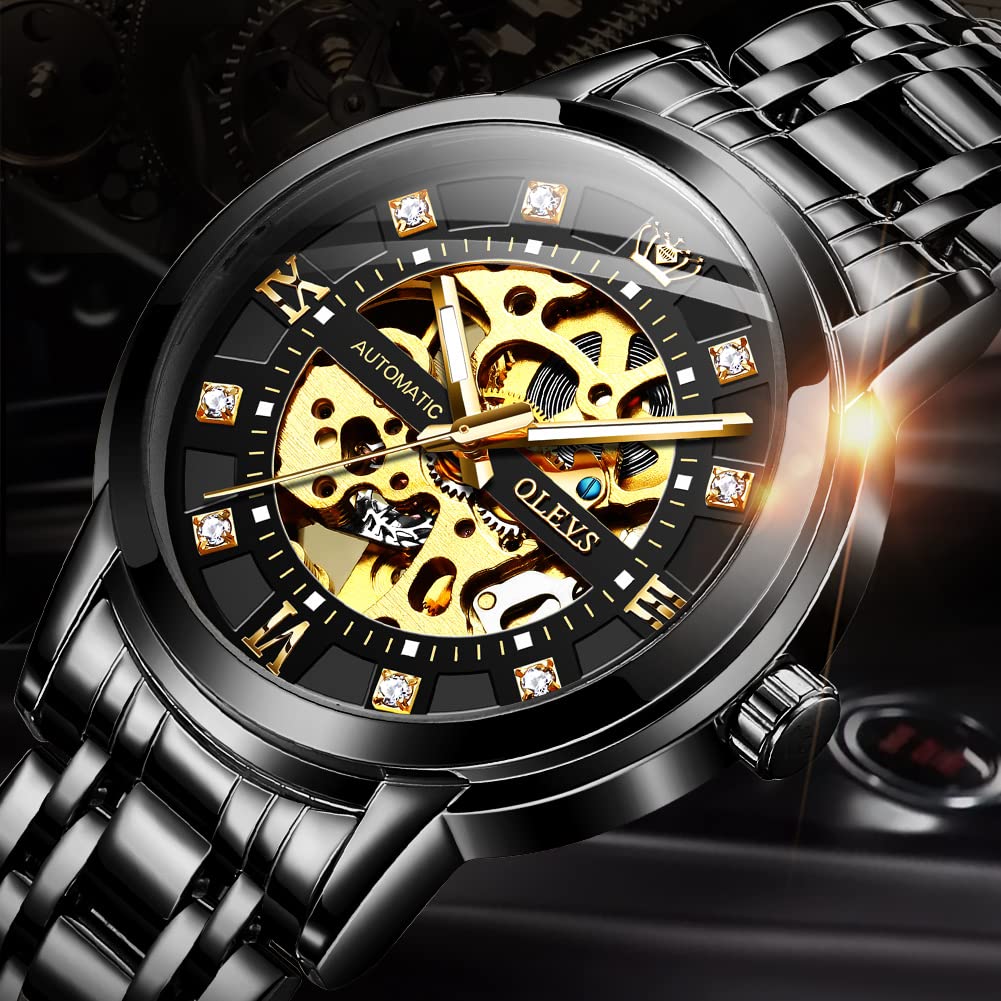 OLEVS Automatic Skeleton Watches for Men - Luxury Mechanical Gold Wristwatch with Diamond Accents, Stainless Steel Case, Waterproof & Luminous - Perfect for Business, Formal Events & Gift Giving
