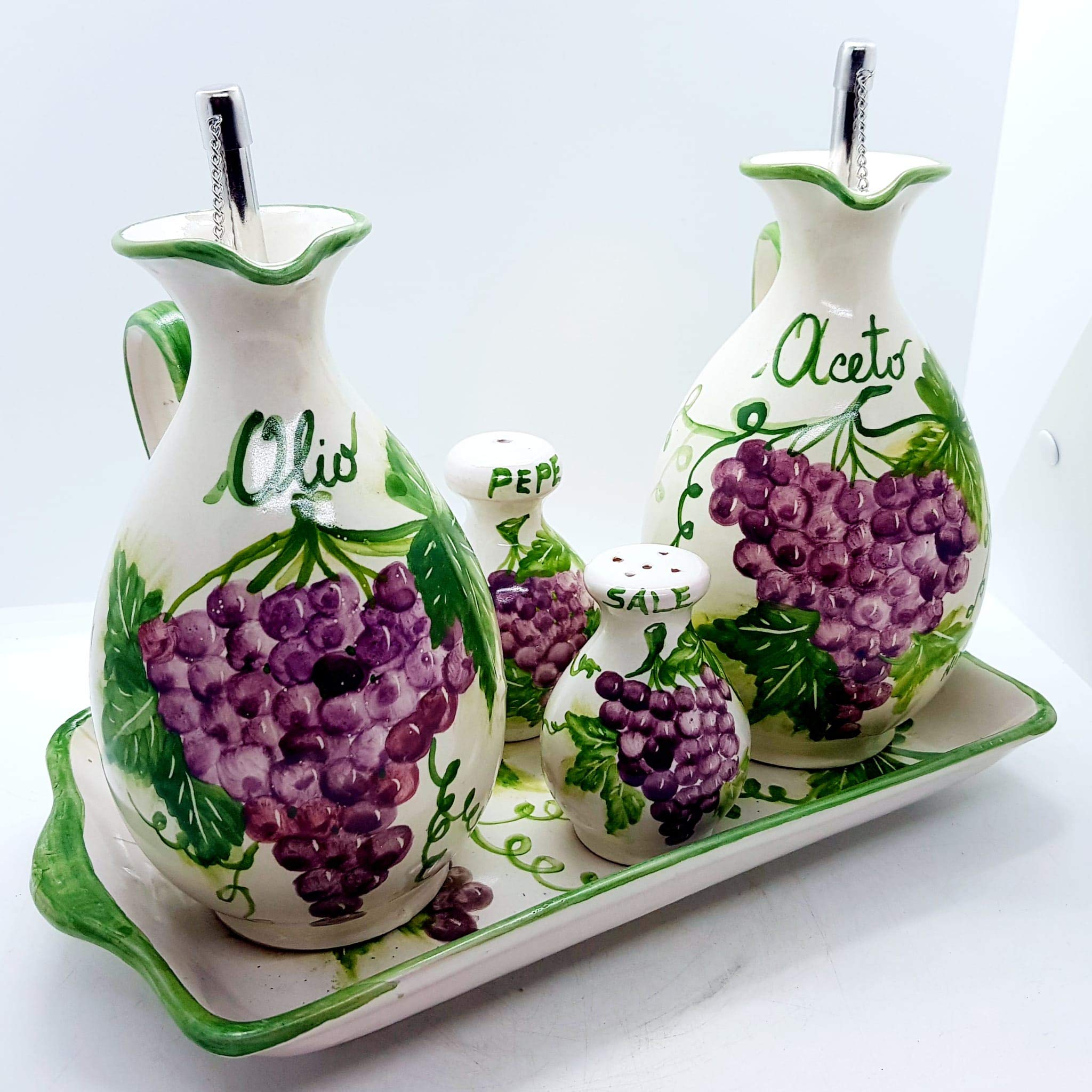 Handmade Orange Flower Ceramic Salt, Pepper, and Oil Set - Tableware by Le Ceramiche del Castello - Made in Italy - Perfect for Dining, Gifts, and Italian Kitchen Decor