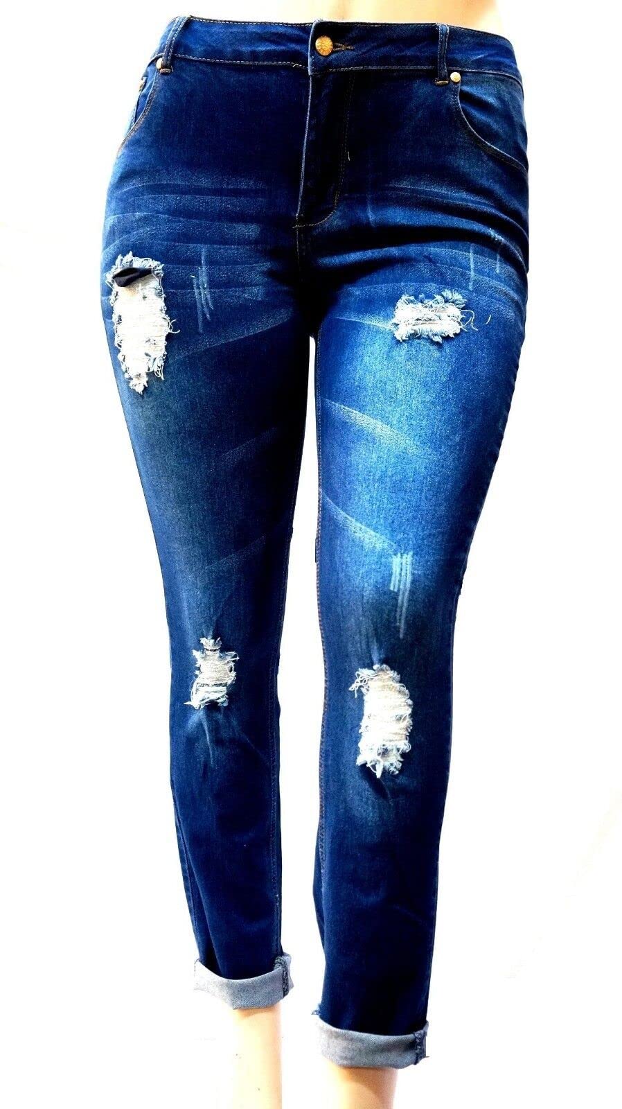 Jack David Women's Plus Size Ripped Destroyed Blue Denim Roll-Up Distressed Jeans - Trendy Casual Pants for Everyday Wear, Street Style & Outfit Pairing
