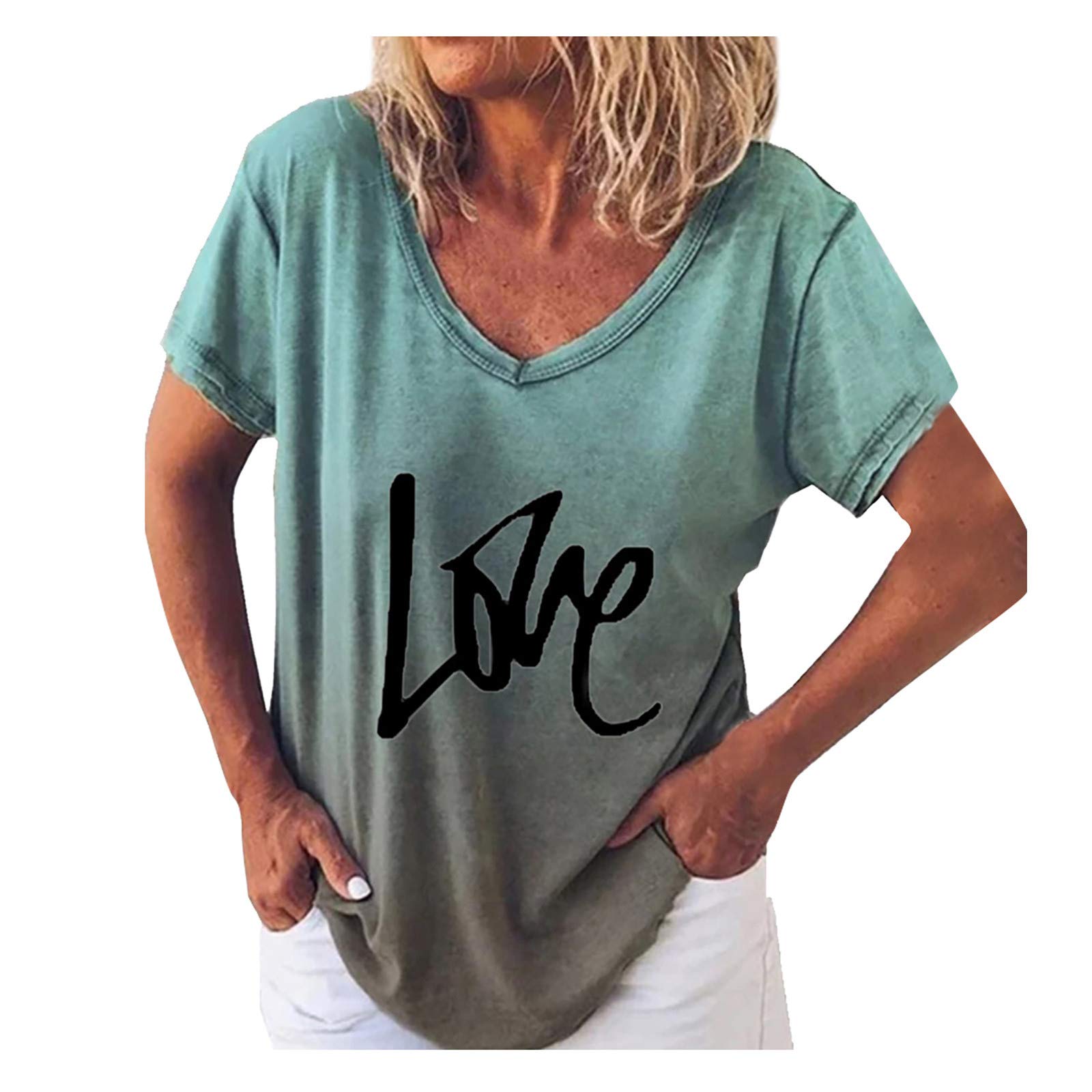 Women's Short Sleeve Rainbow Gradient Graphic V-Neck T-Shirt - Casual Loose Fit Blouse for Summer, Streetwear & Everyday Outfits