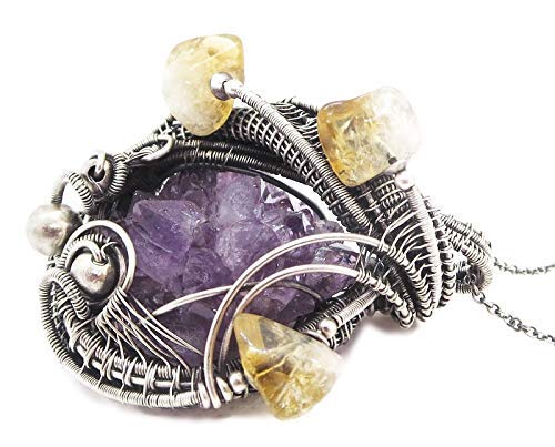 Natural Amethyst Stalactite Druzy Pendant with Citrine Accents - Sterling Silver Wire Wrapped Jewelry for Women - Perfect for Spiritual Healing, Meditation & Boho Fashion