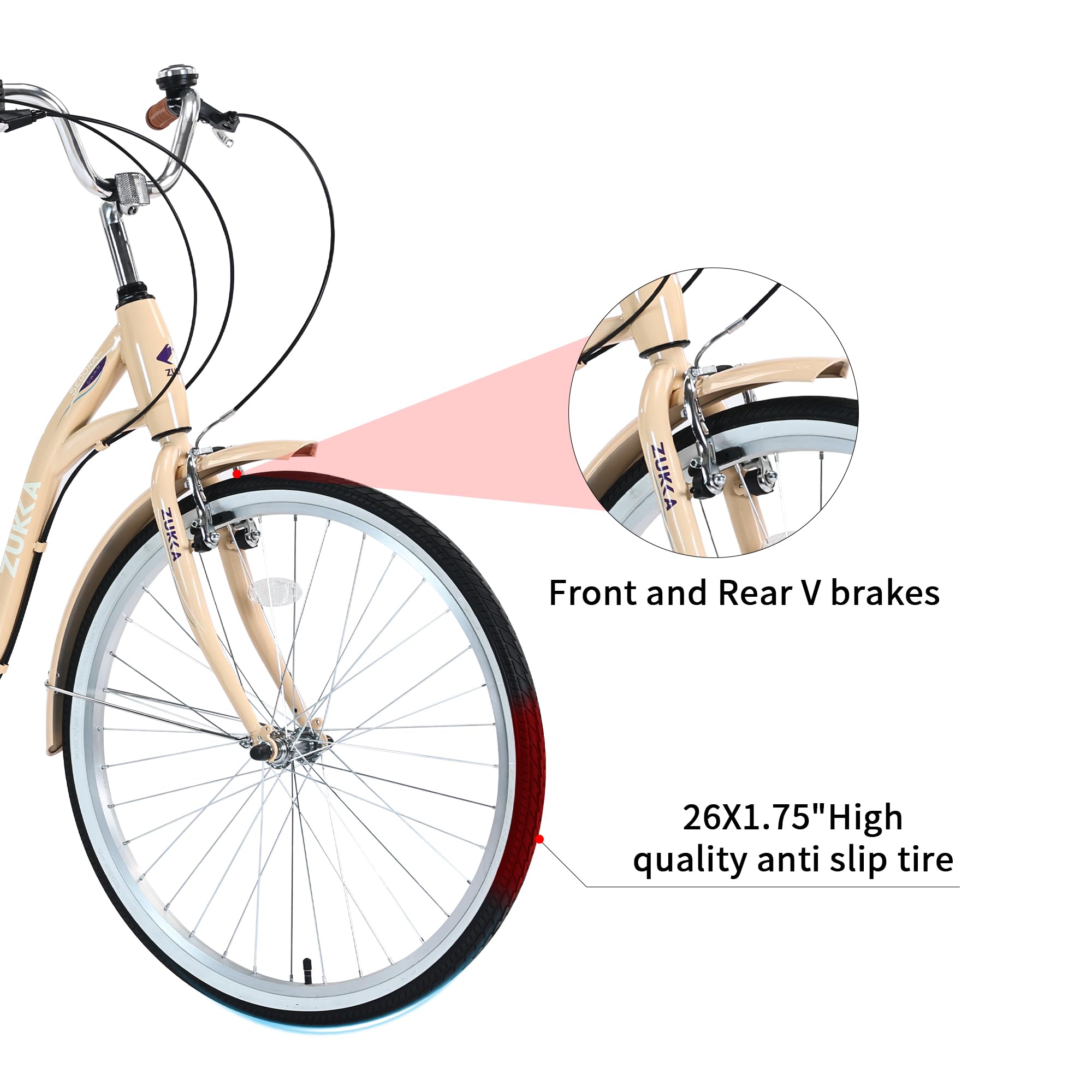 26 Inch Women's Beach Cruiser Bike - 7 Speed Commuter Bicycle with Adjustable Seat & Dual V-Brakes | Perfect for Coastal Rides, City Commuting & Leisure Cycling