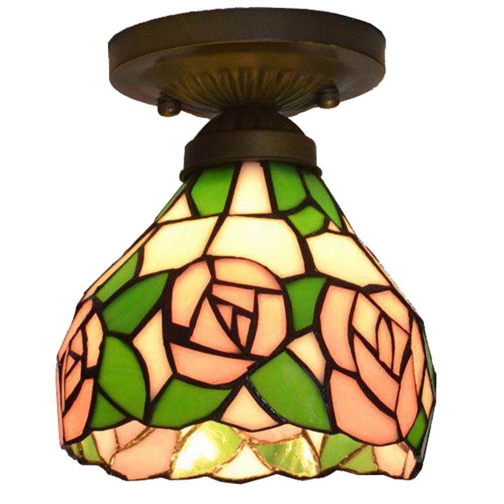 Tiffany Style Pink Rose Green Leaf Ceiling Lamp - Vintage Stained Glass Pendant Light for Porch, Balcony, Corridor & Hallway - Elegant European Lighting Fixture for Home & Garden Decor