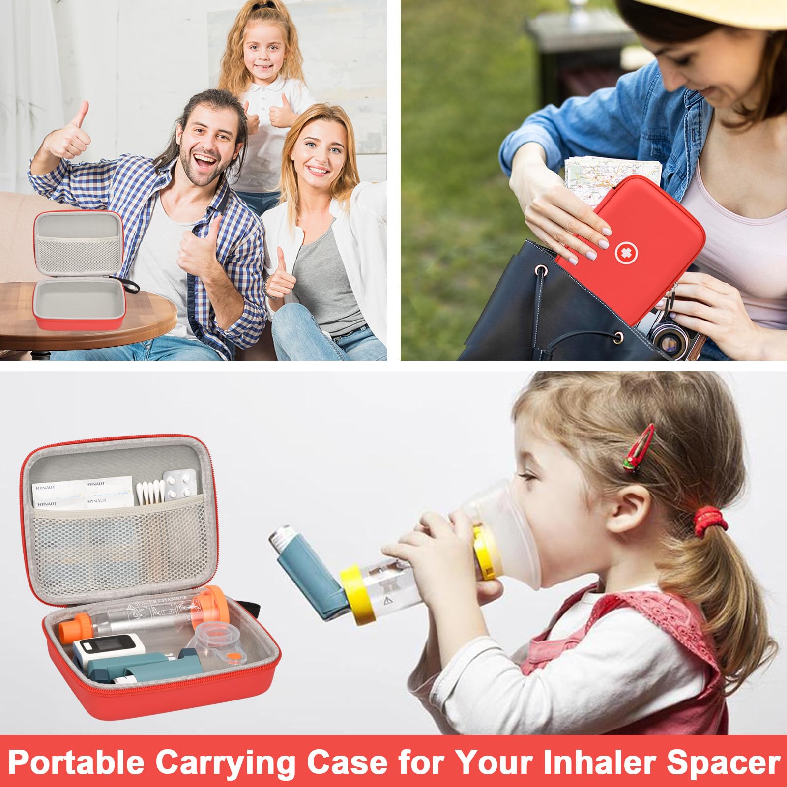 Portable Asthma Inhaler Travel Case for Kids & Adults - Durable Hard Shell with Mesh Pocket for Medicine & Accessories - Ideal for Travel, School & Daily Use (Red, Case Only)